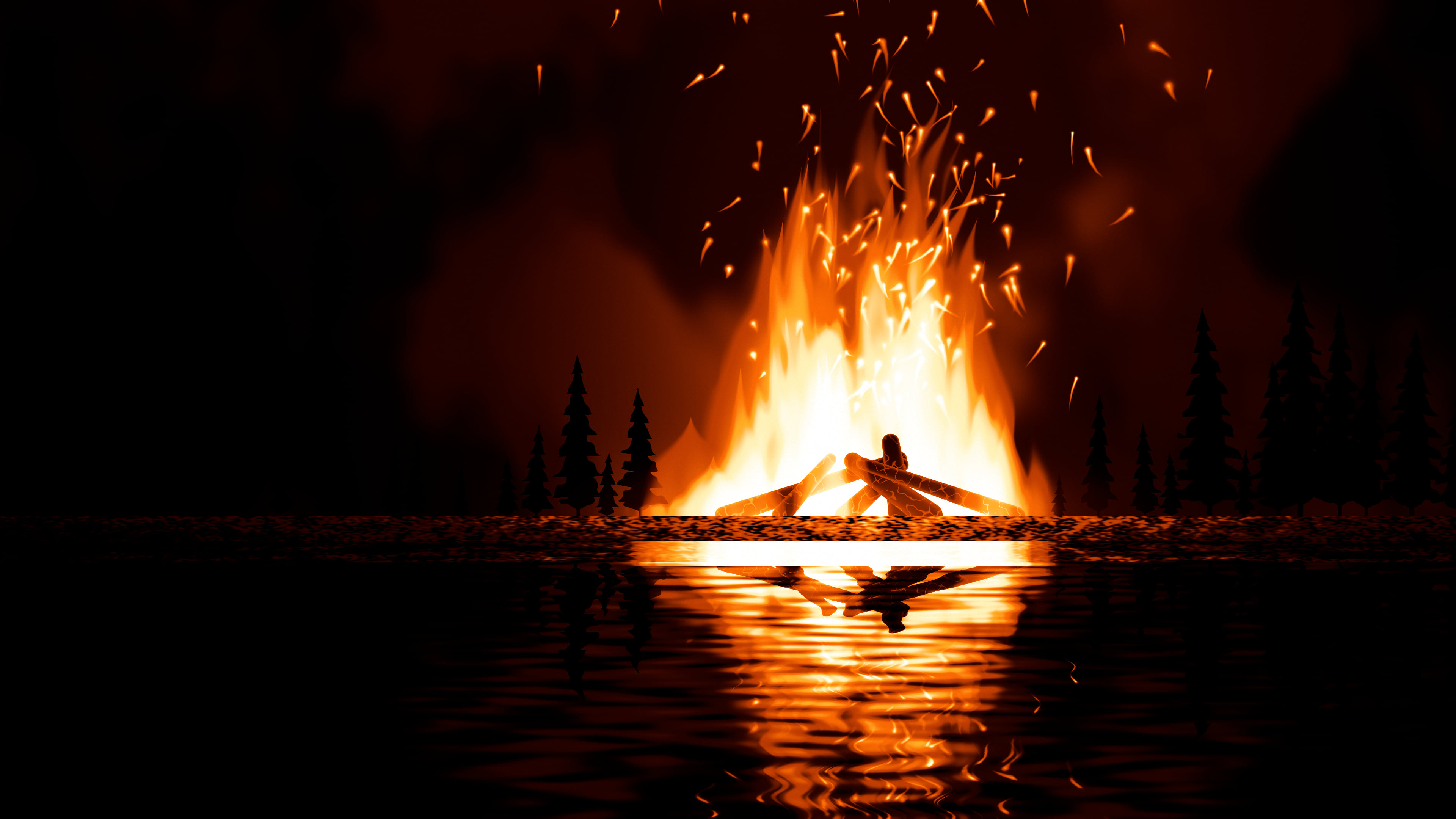 Black Bonfire by the Water desktop wallpaper in 4K