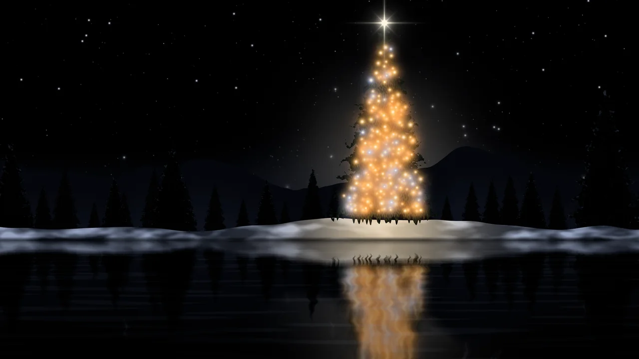 Black Christmas Tree by a Lake desktop wallpaper in 4K