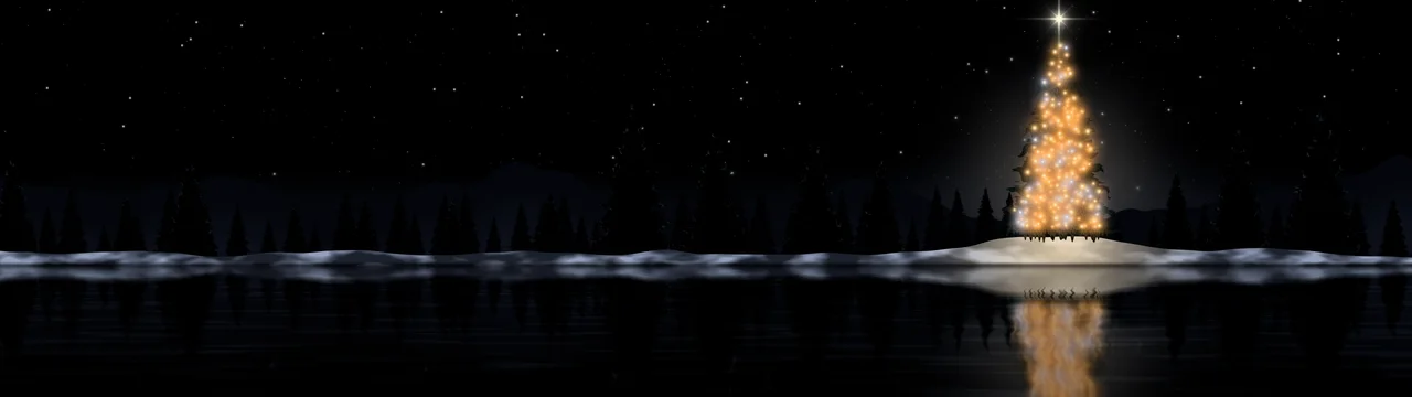Black Christmas Tree by a Lake dual monitor wallpaper, 7680 × 2160