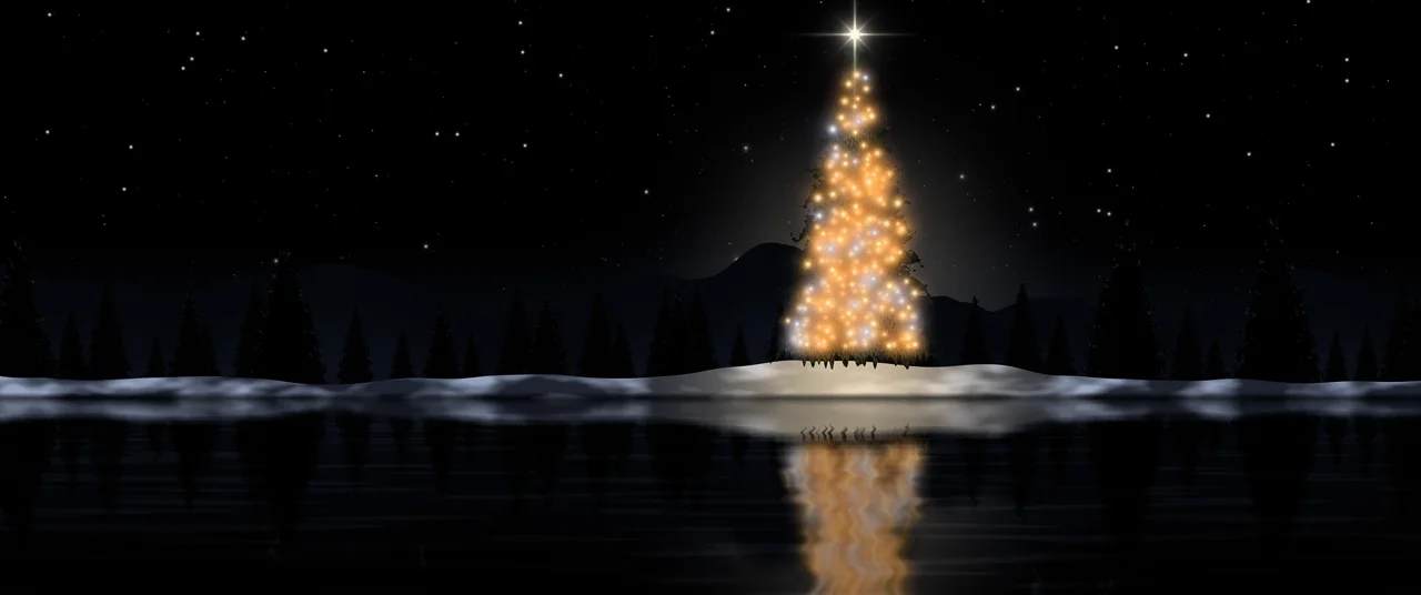 Black Christmas Tree by a Lake ultrawide wallpaper, 3440 × 1440