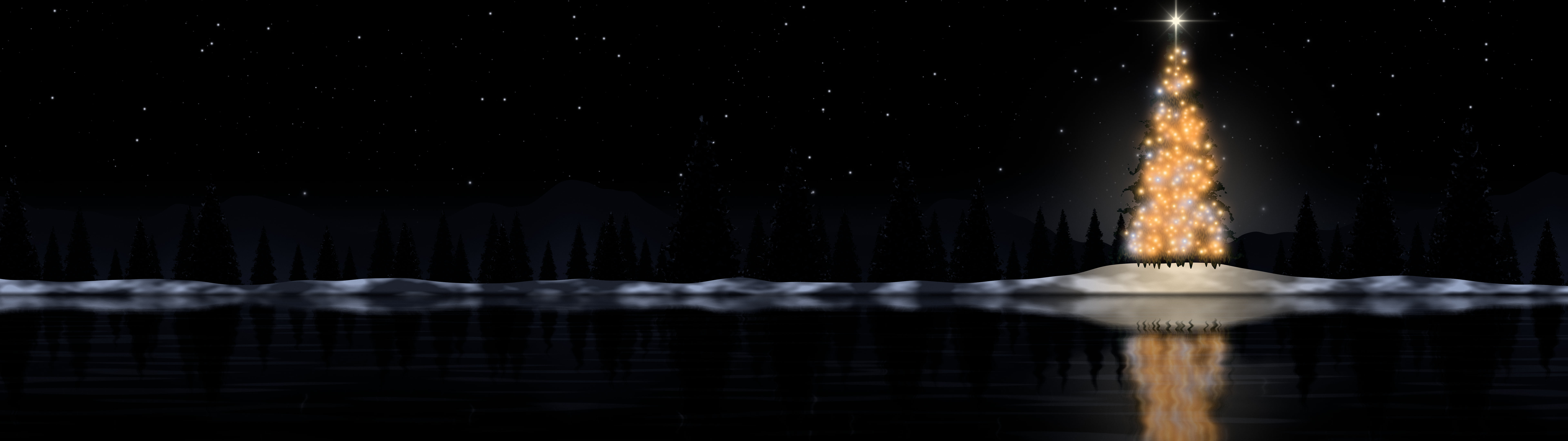 Black Christmas Tree by a Lake dual monitor wallpaper, 7680 × 2160