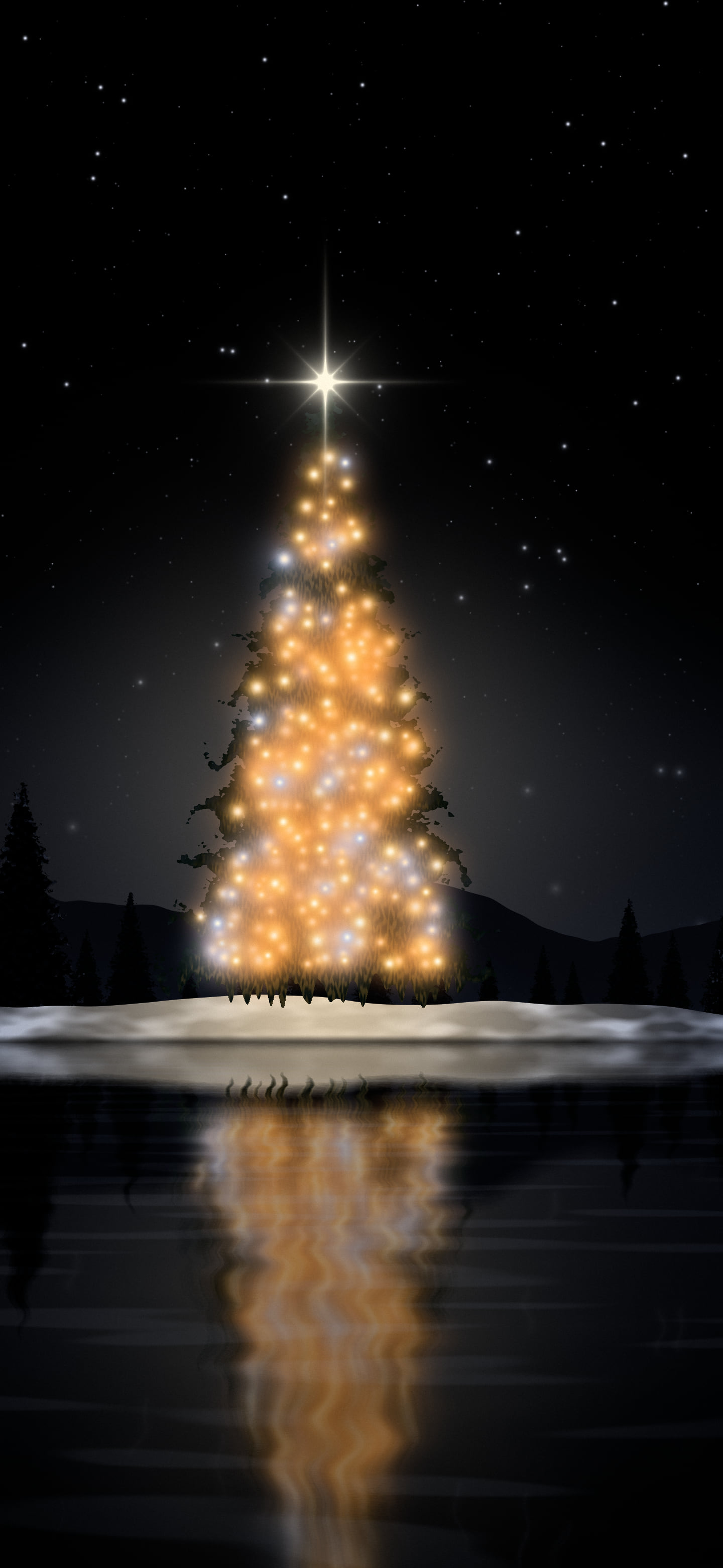 Black Christmas Tree by a Lake wallpaper for iPhone and Android