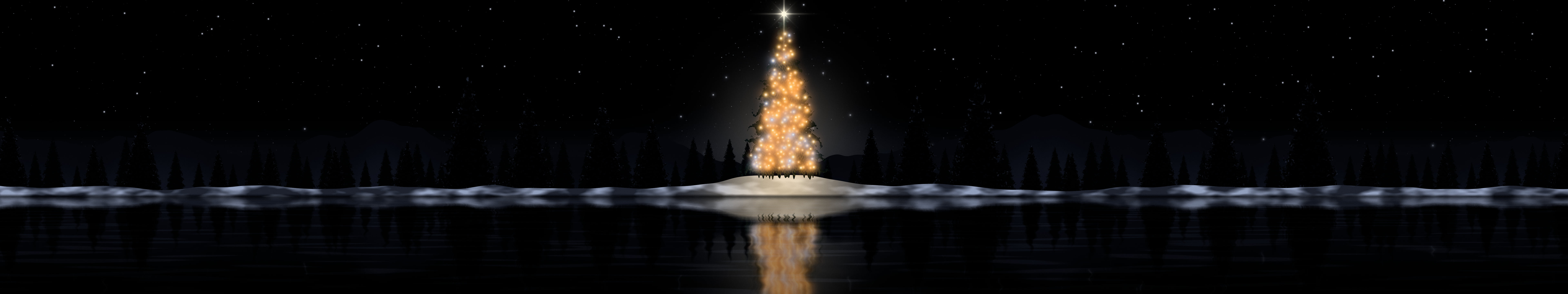 Black Christmas Tree by a Lake triple monitor wallpaper, 7680 × 1440