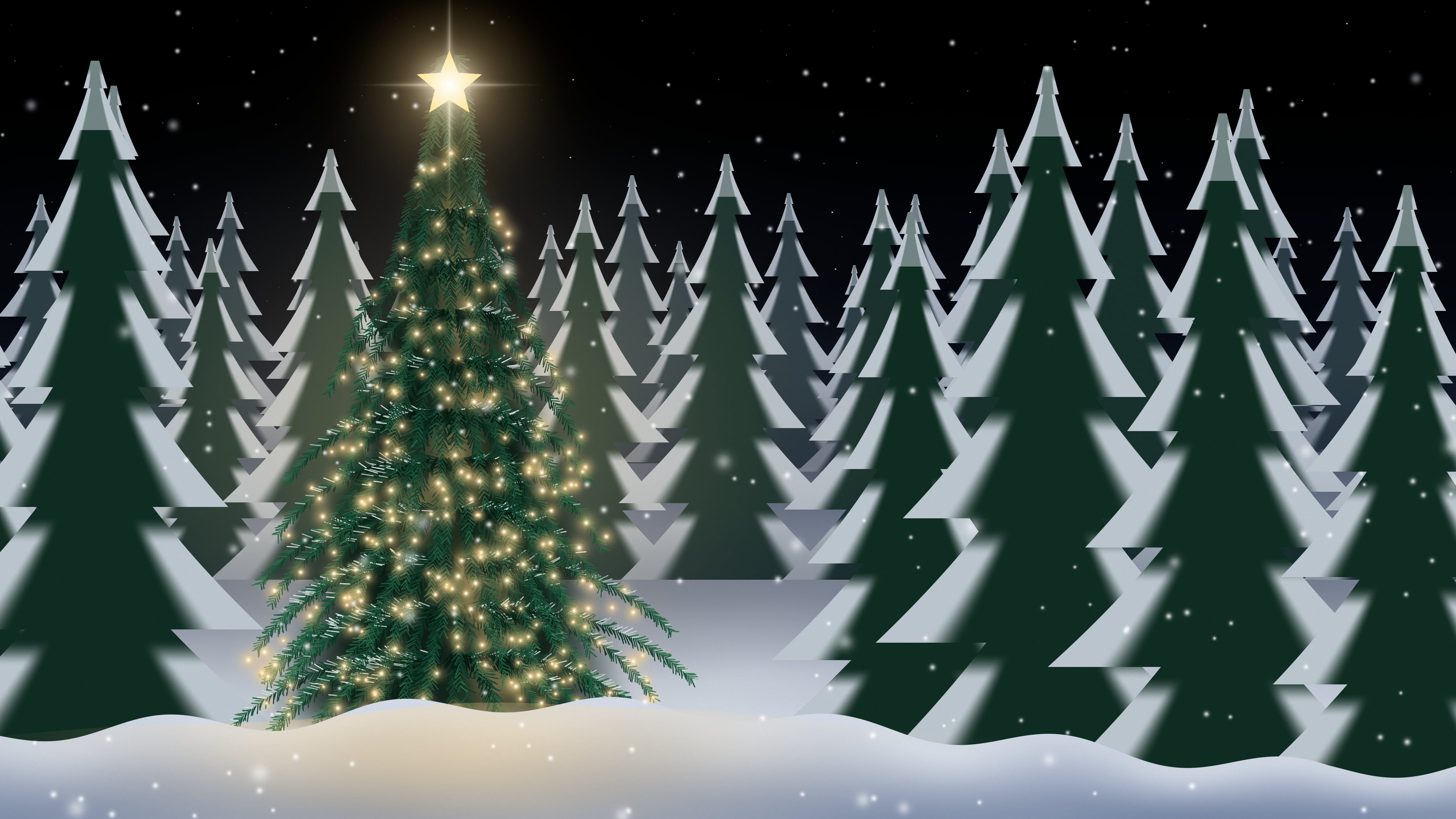 Black Christmas Tree in a Snowy Forest desktop wallpaper in 4K