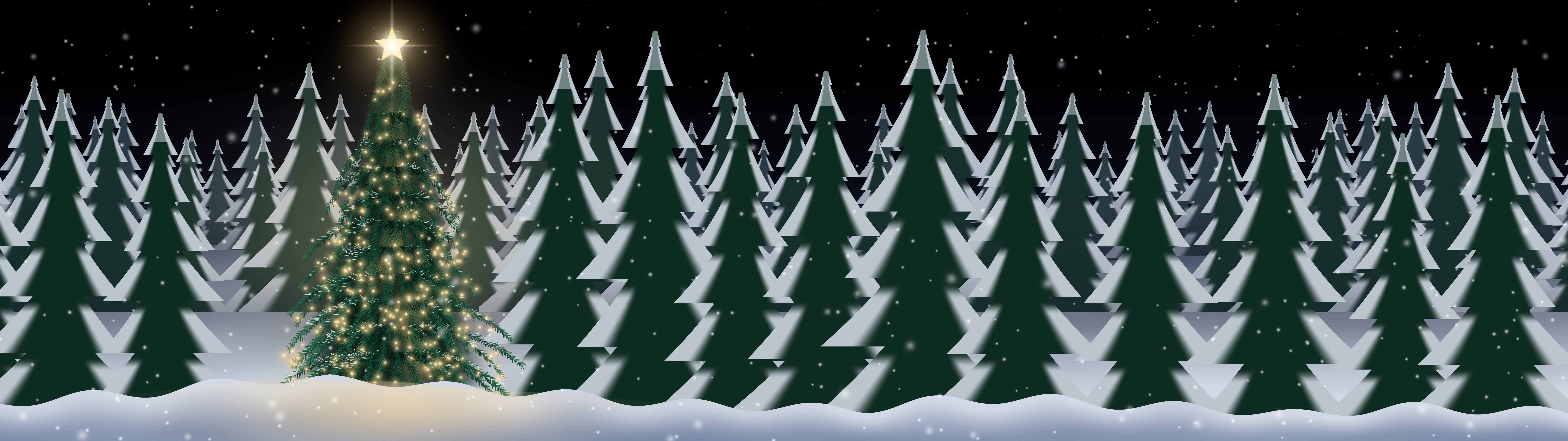 Black Christmas Tree in a Snowy Forest dual monitor wallpaper, 7680 × 2160