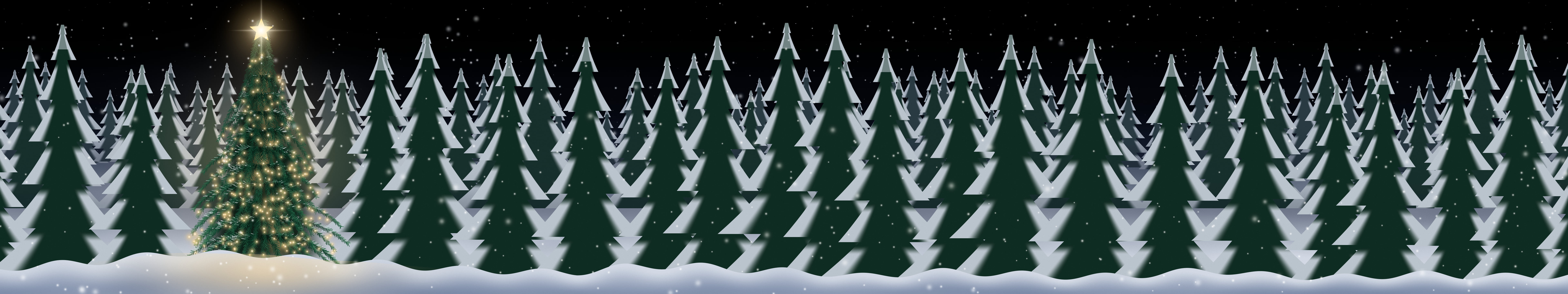 Black Christmas Tree in a Snowy Forest triple monitor wallpaper, 7680 × 1440