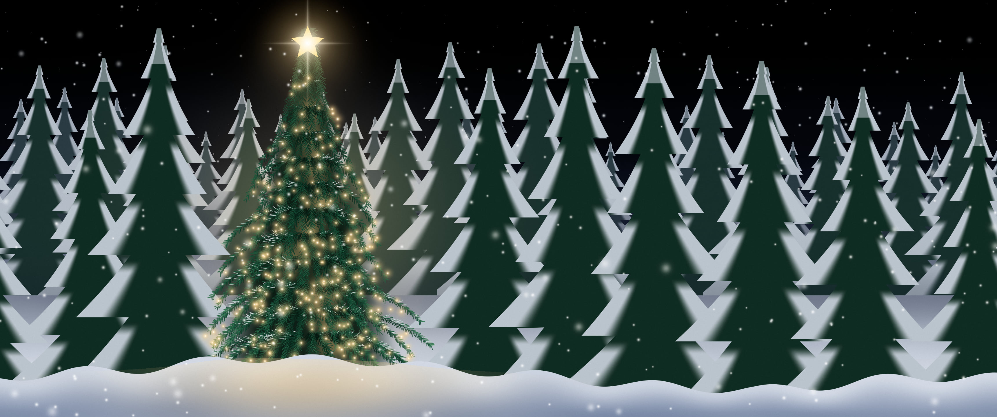 Black Christmas Tree in a Snowy Forest ultrawide wallpaper, 3440 × 1440