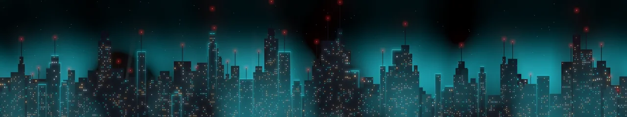 Black Cyberpunk Skyline triple monitor wallpaper, 7680 × 1440