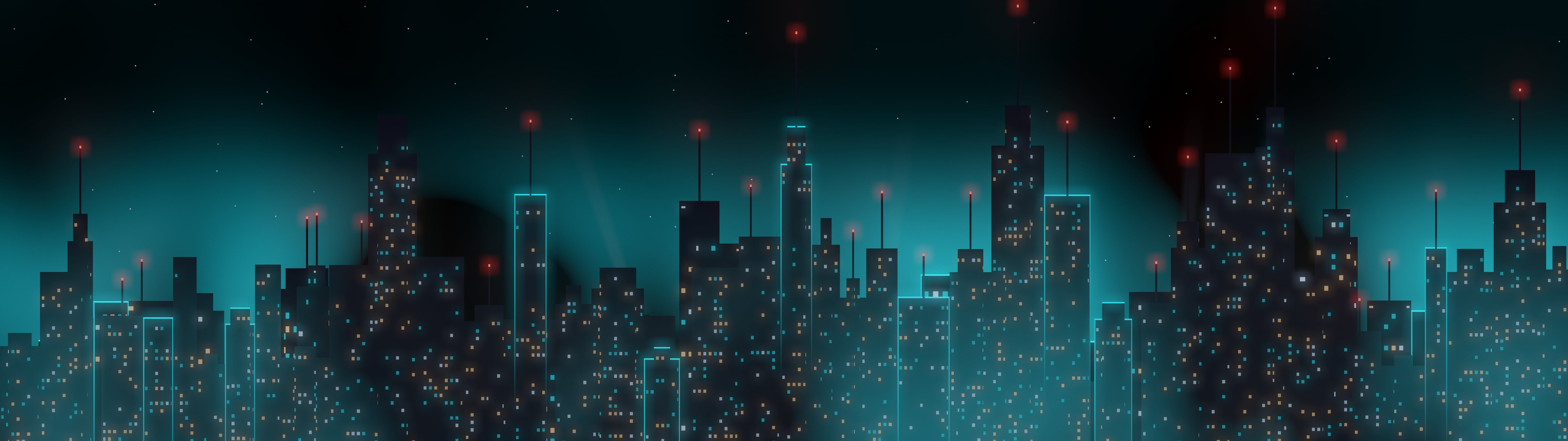 Black Cyberpunk Skyline dual monitor wallpaper, 7680 × 2160