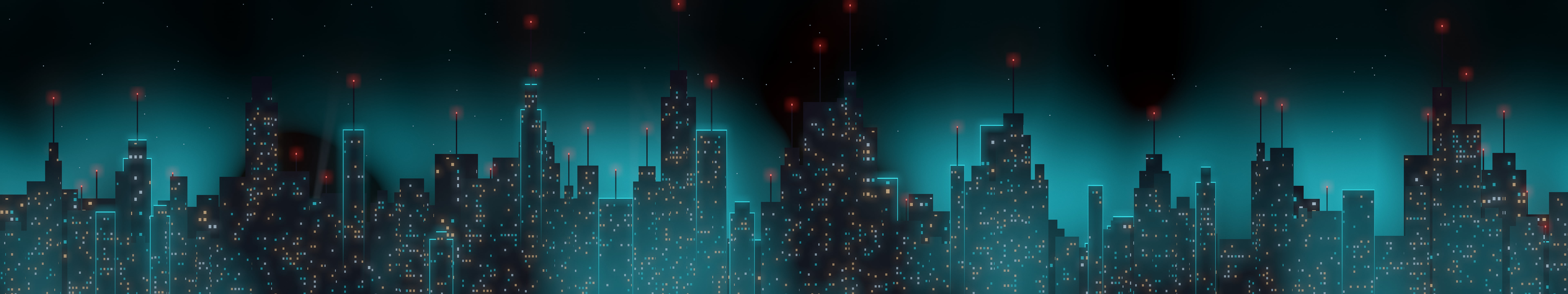 Black Cyberpunk Skyline triple monitor wallpaper, 7680 × 1440