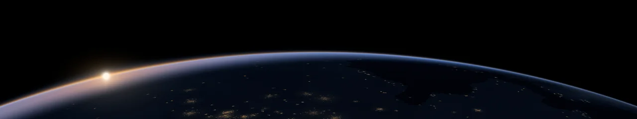 Black Earth Dawn over City Lights triple monitor wallpaper, 7680 × 1440