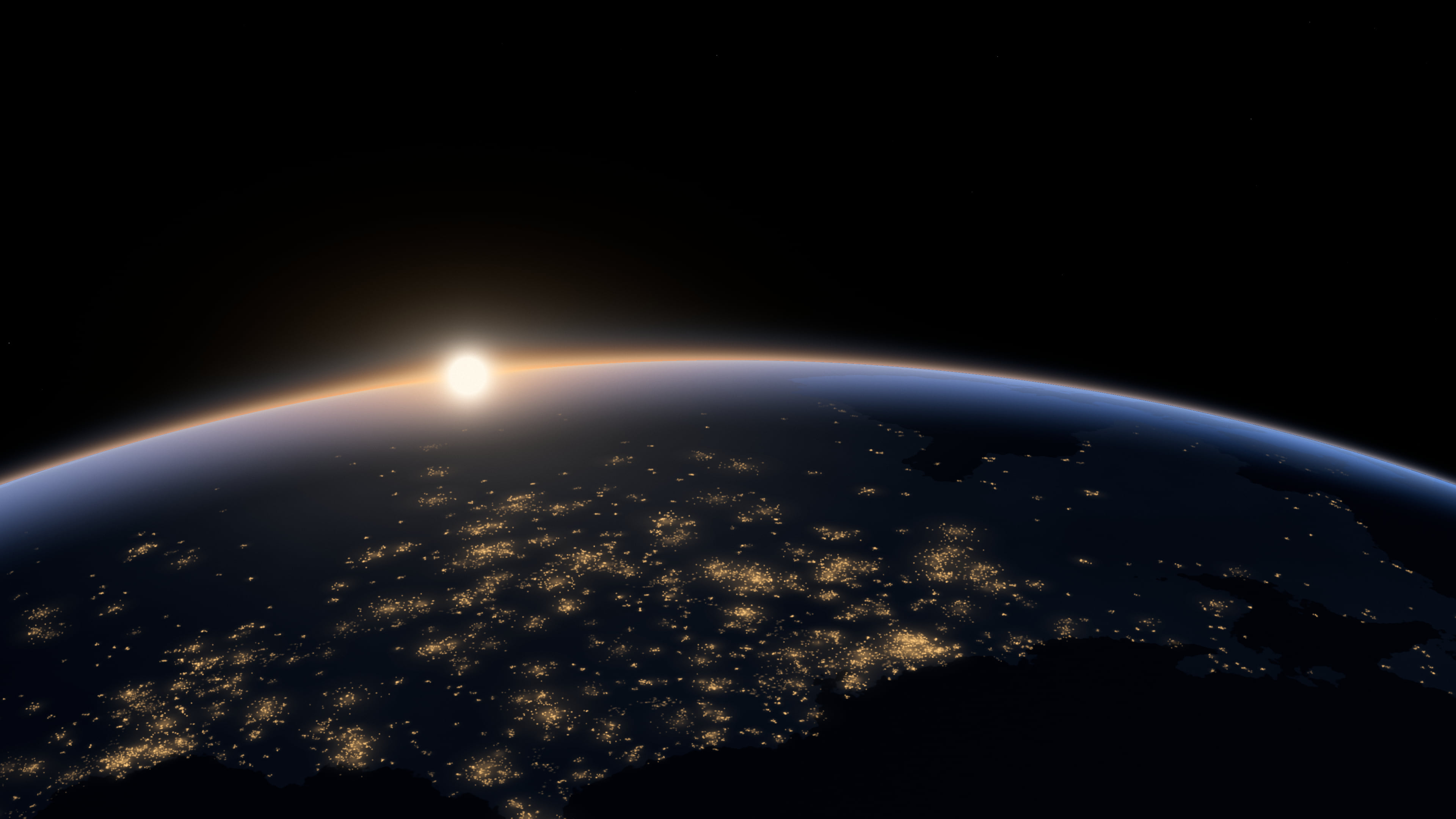 Black Earth Dawn over City Lights desktop wallpaper in 4K
