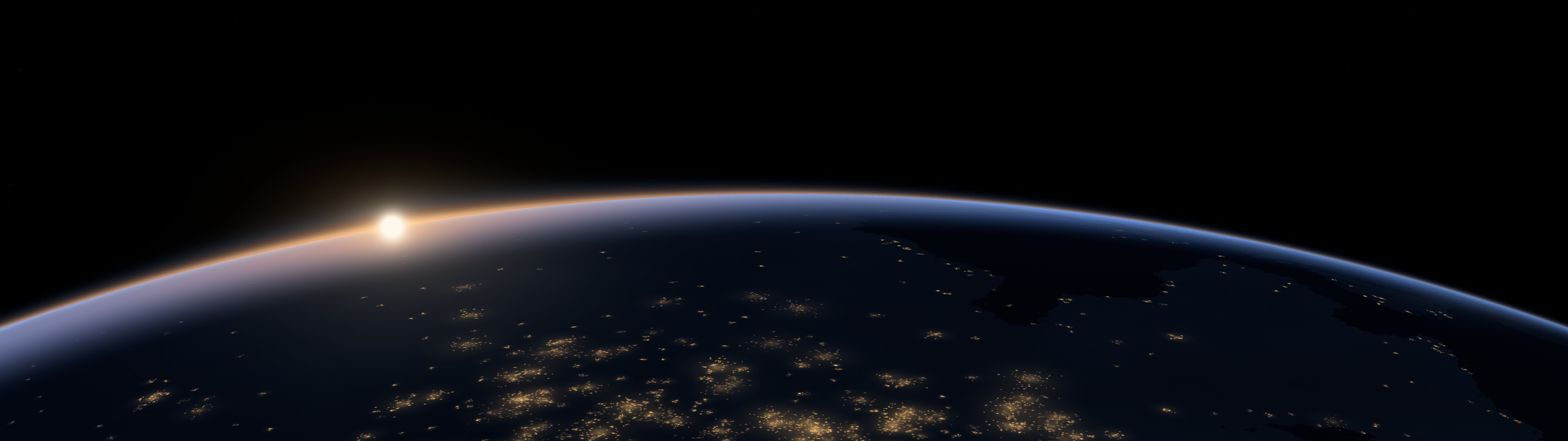 Black Earth Dawn over City Lights dual monitor wallpaper, 7680 × 2160