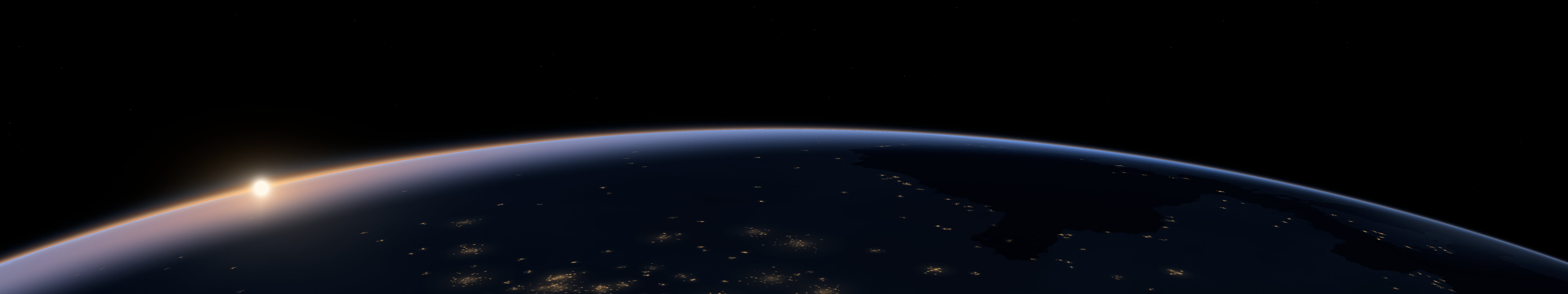 Black Earth Dawn over City Lights triple monitor wallpaper, 7680 × 1440
