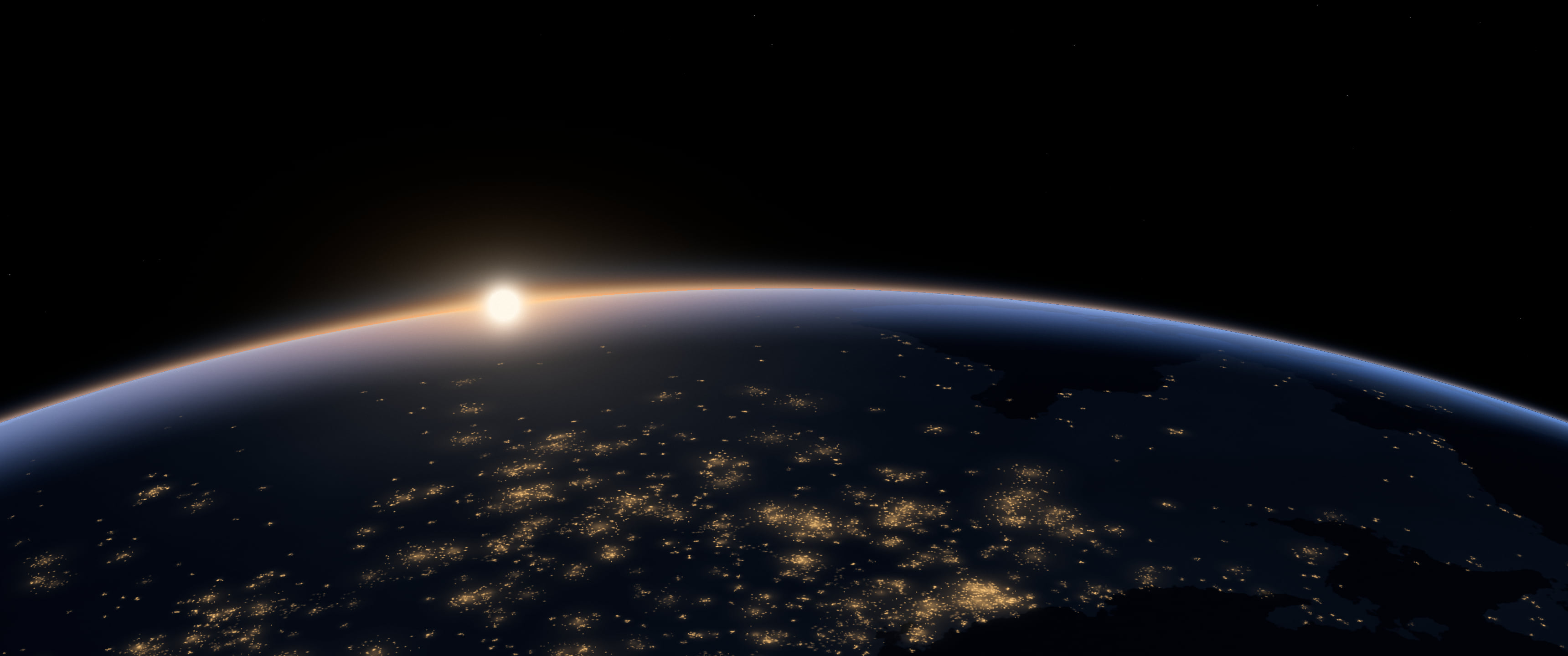 Black Earth Dawn over City Lights ultrawide wallpaper, 3440 × 1440