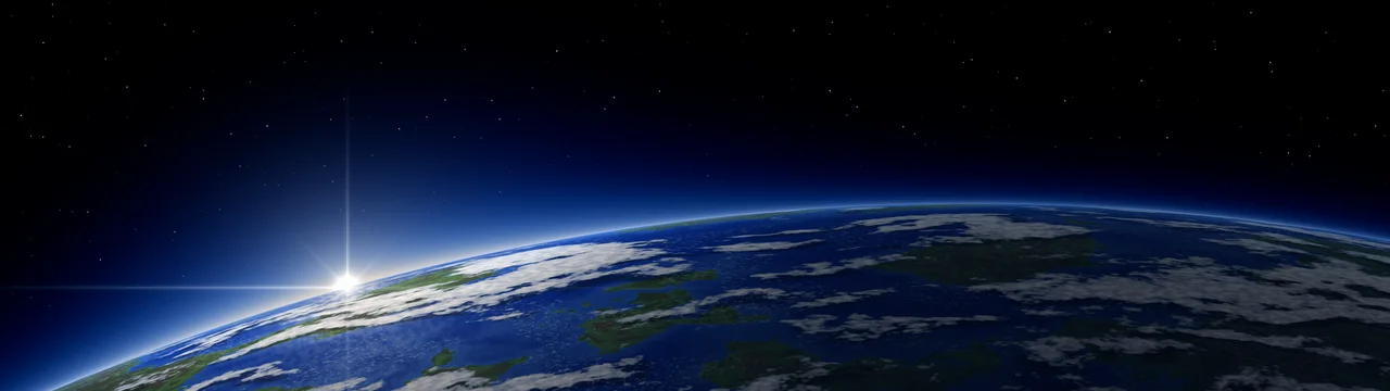 Black Earth Sunrise from Space dual monitor wallpaper, 7680 × 2160
