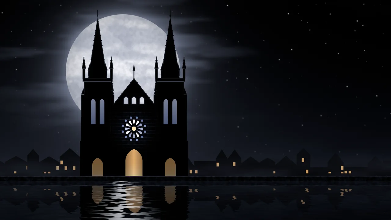 Black Gothic Cathedral and Full Moon desktop wallpaper in 4K