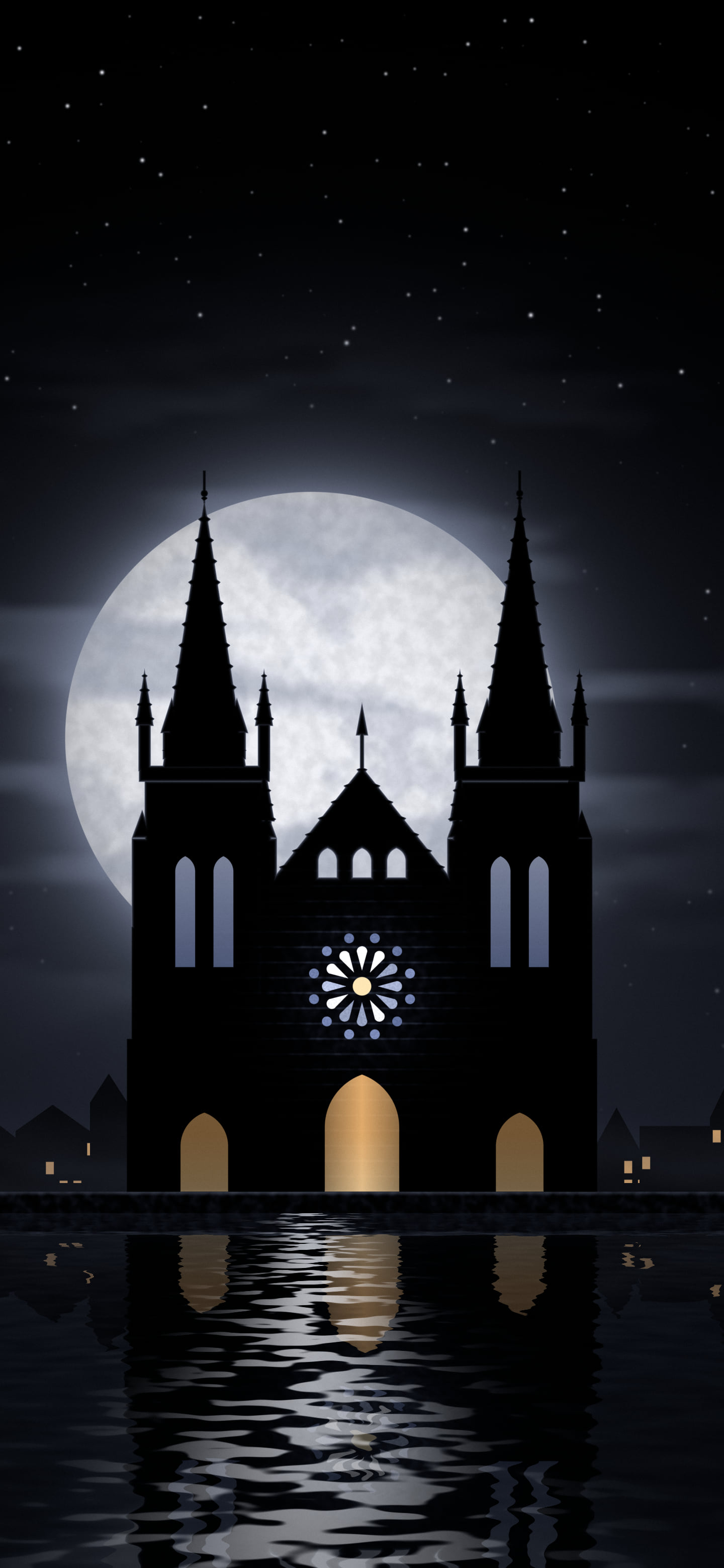 Black Gothic Cathedral and Full Moon wallpaper for iPhone and Android