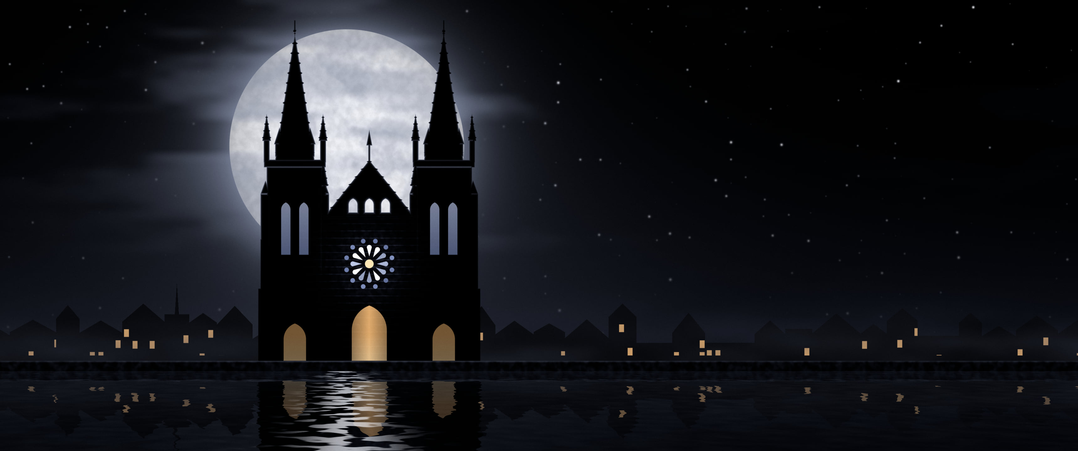 Black Gothic Cathedral and Full Moon ultrawide wallpaper, 3440 × 1440