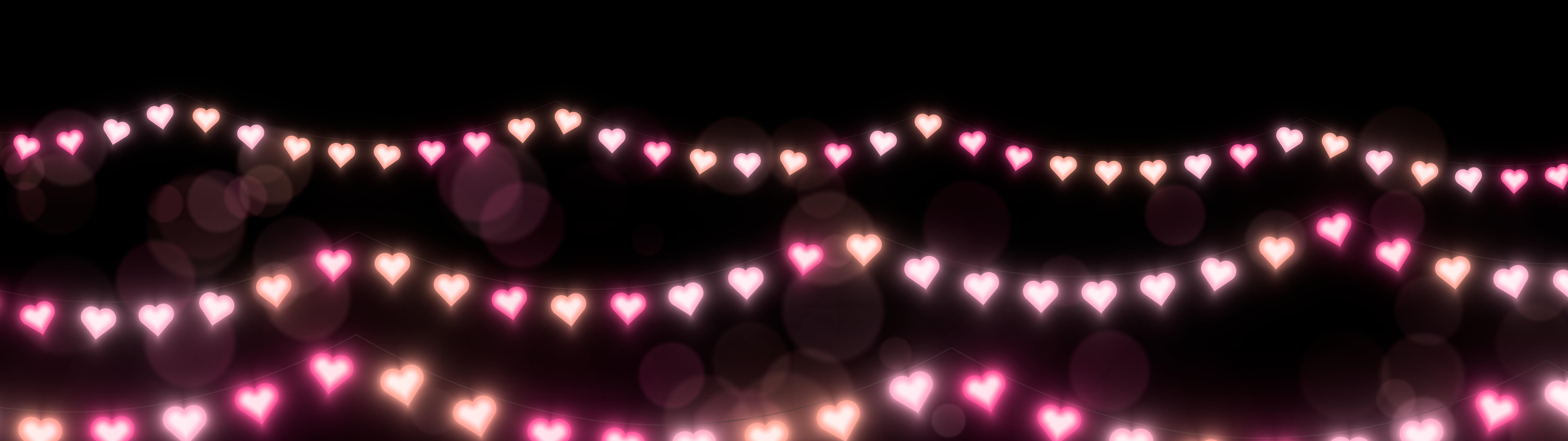 Black Heart String Lights dual monitor wallpaper, 7680 × 2160