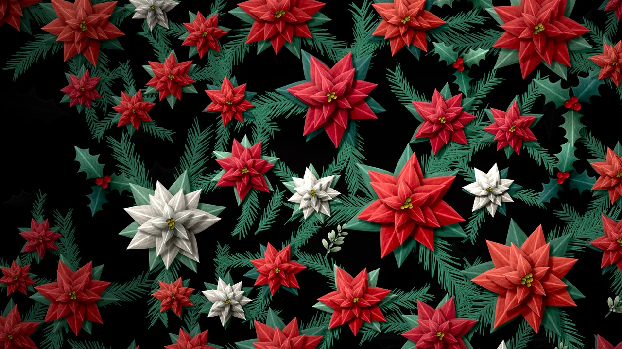Black Holly and Poinsettia Pattern desktop wallpaper in 4K