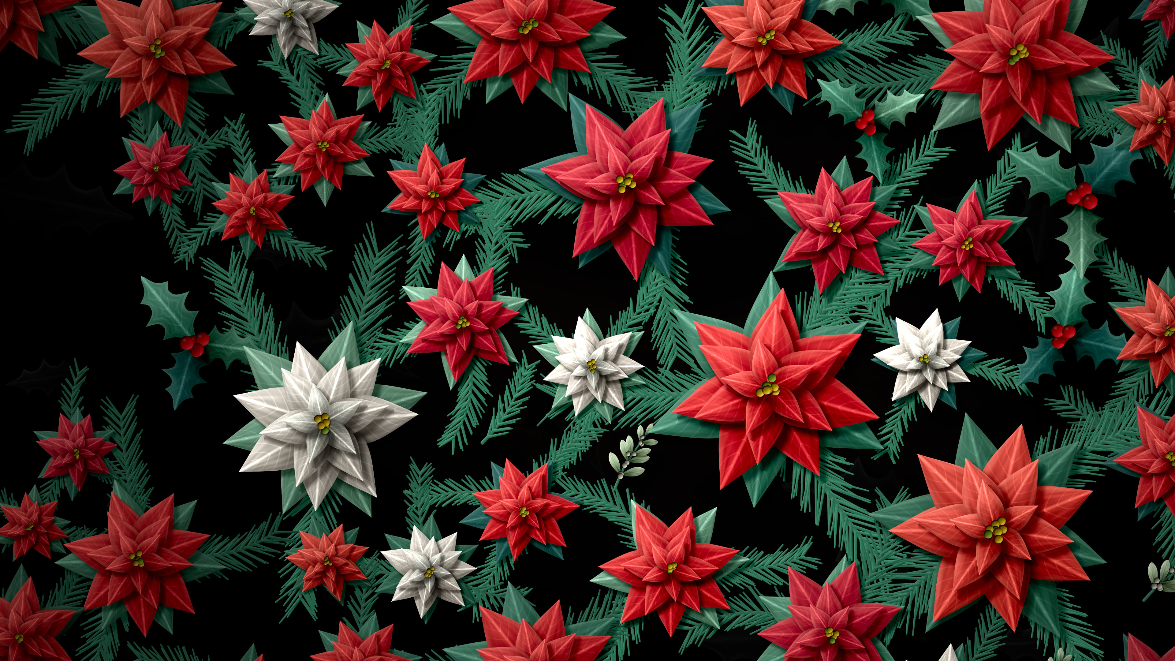 Black Holly and Poinsettia Pattern desktop wallpaper in 4K