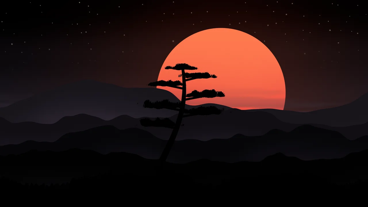 Black Japanese Sun and Misty Mountains desktop wallpaper in 4K