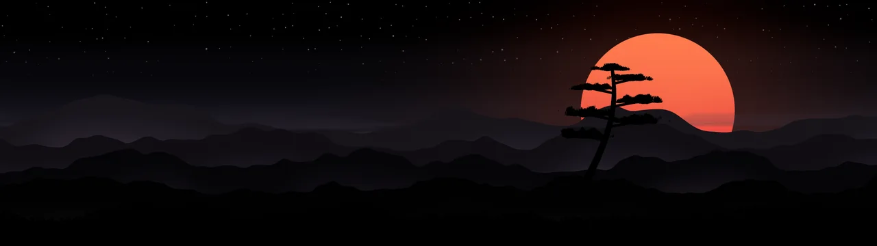 Black Japanese Sun and Misty Mountains dual monitor wallpaper, 7680 × 2160