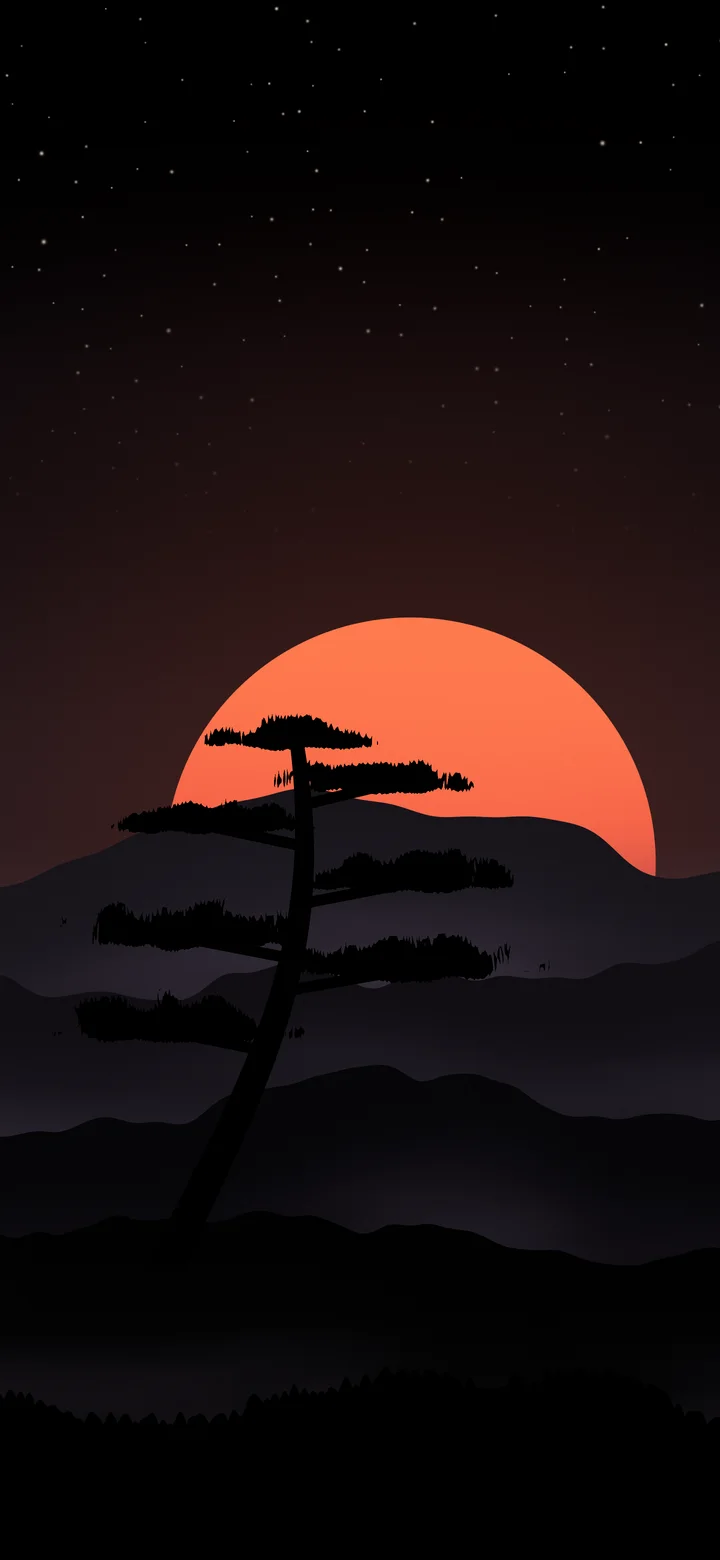 Black Japanese Sun and Misty Mountains wallpaper for iPhone and Android