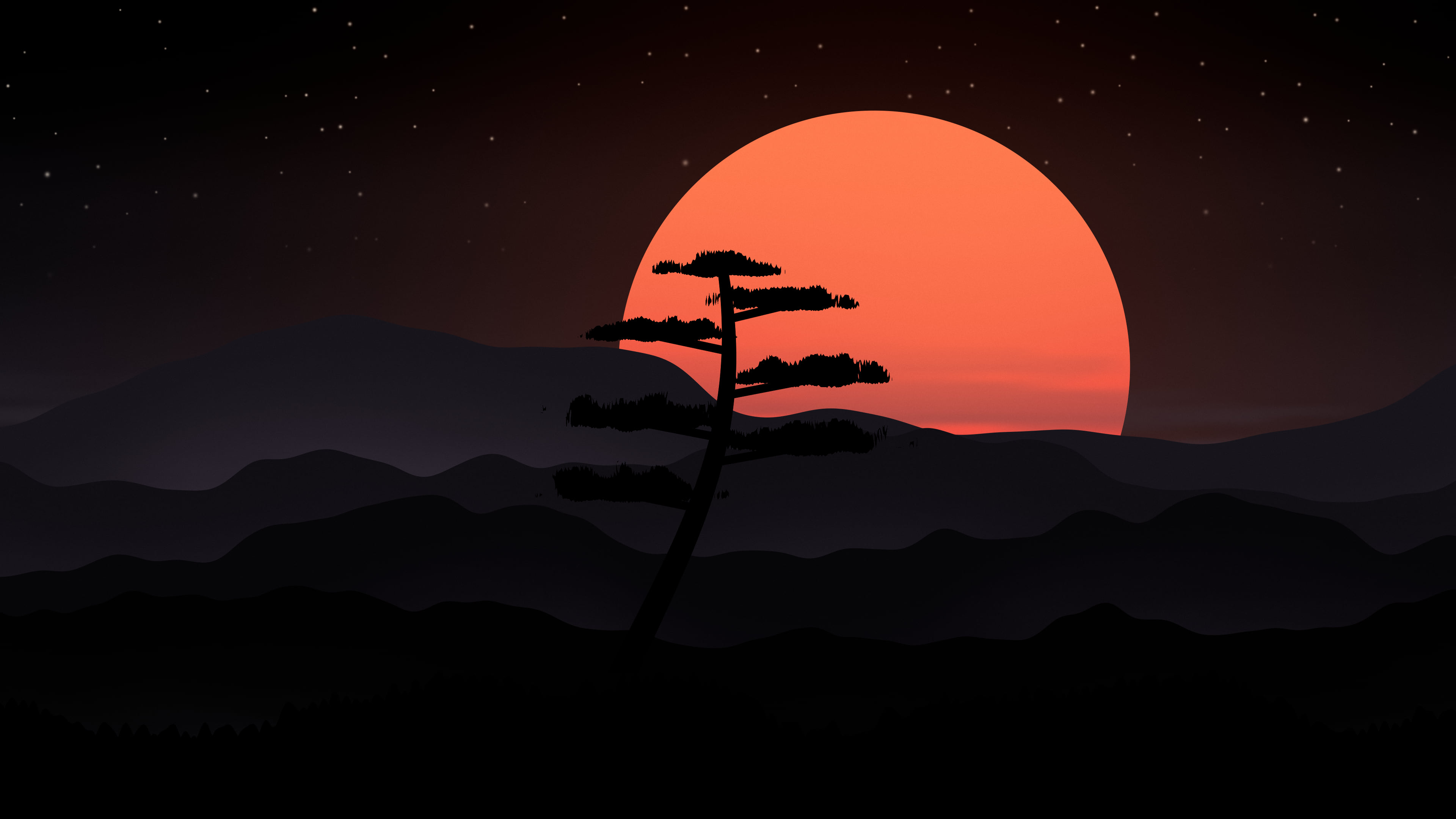 Black Japanese Sun and Misty Mountains desktop wallpaper in 4K