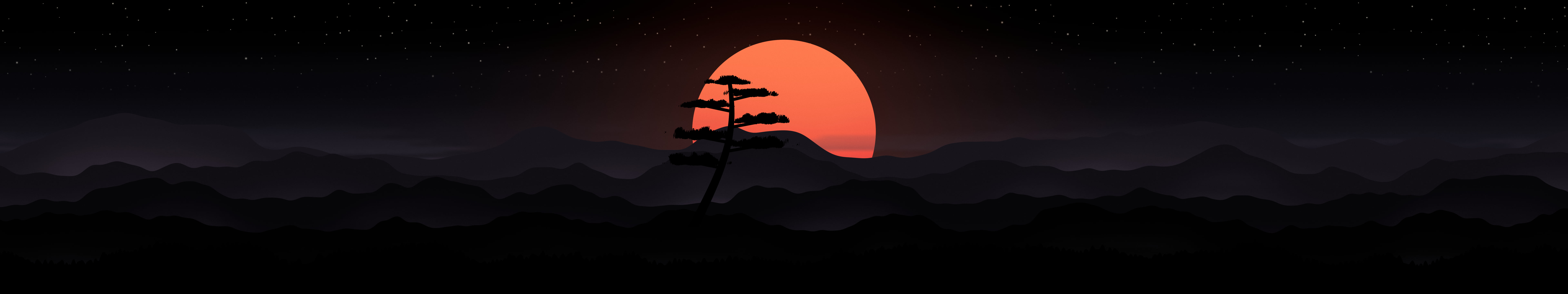 Black Japanese Sun and Misty Mountains triple monitor wallpaper, 7680 × 1440