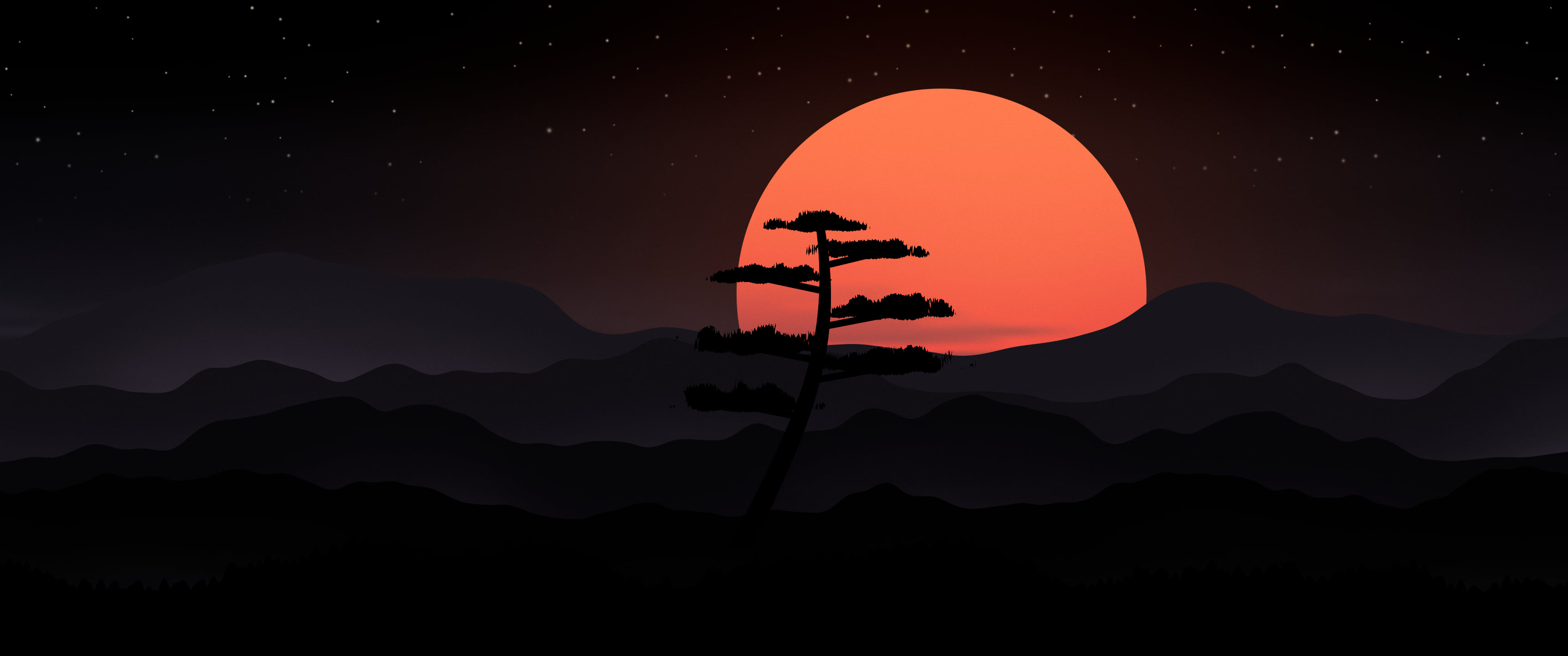 Black Japanese Sun and Misty Mountains ultrawide wallpaper, 3440 × 1440