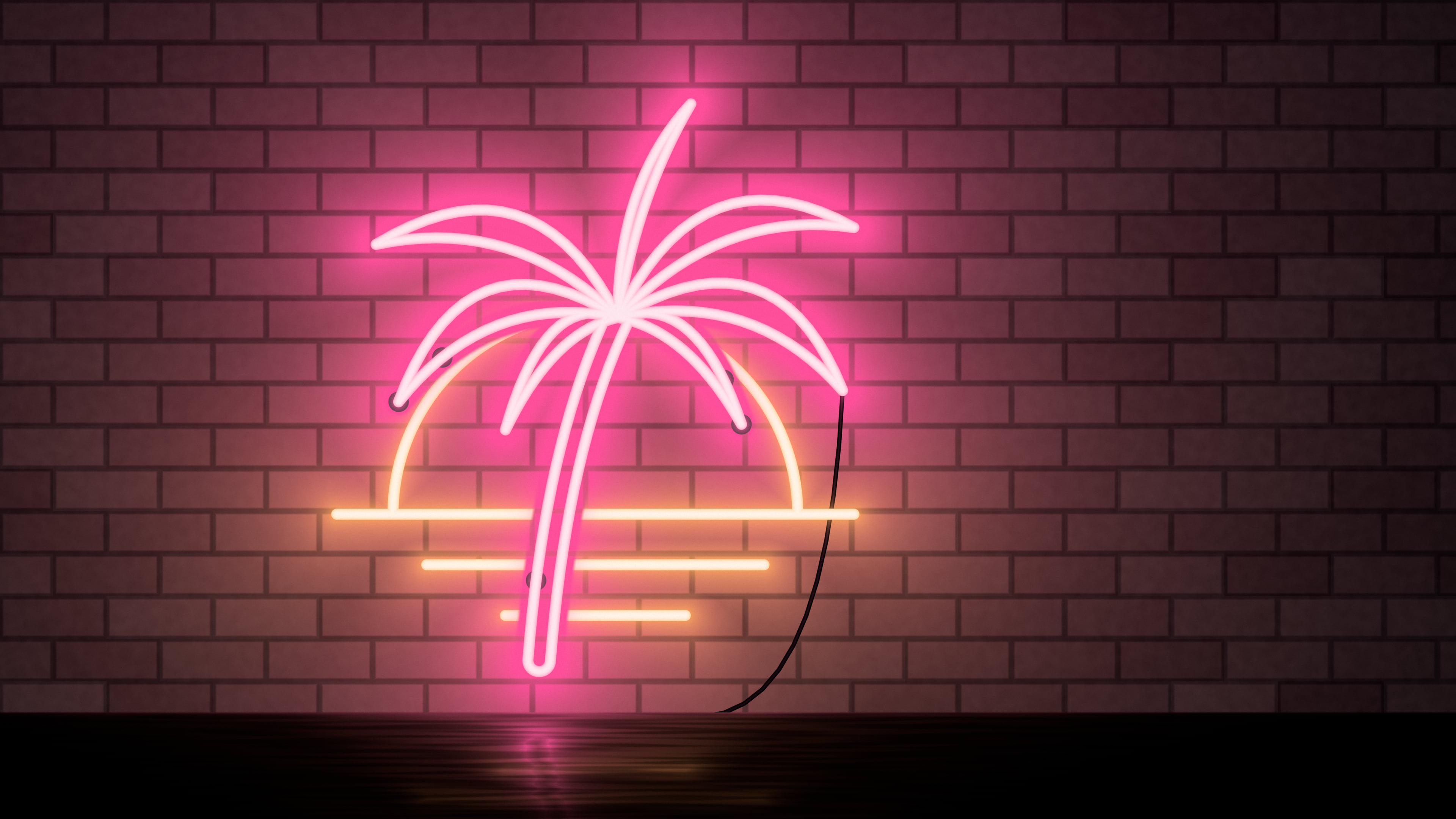Black Neon Palm Tree desktop wallpaper in 4K