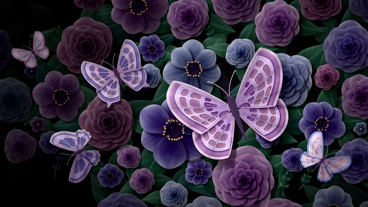 Black Paper Butterflies and Flowers desktop wallpaper in 4K