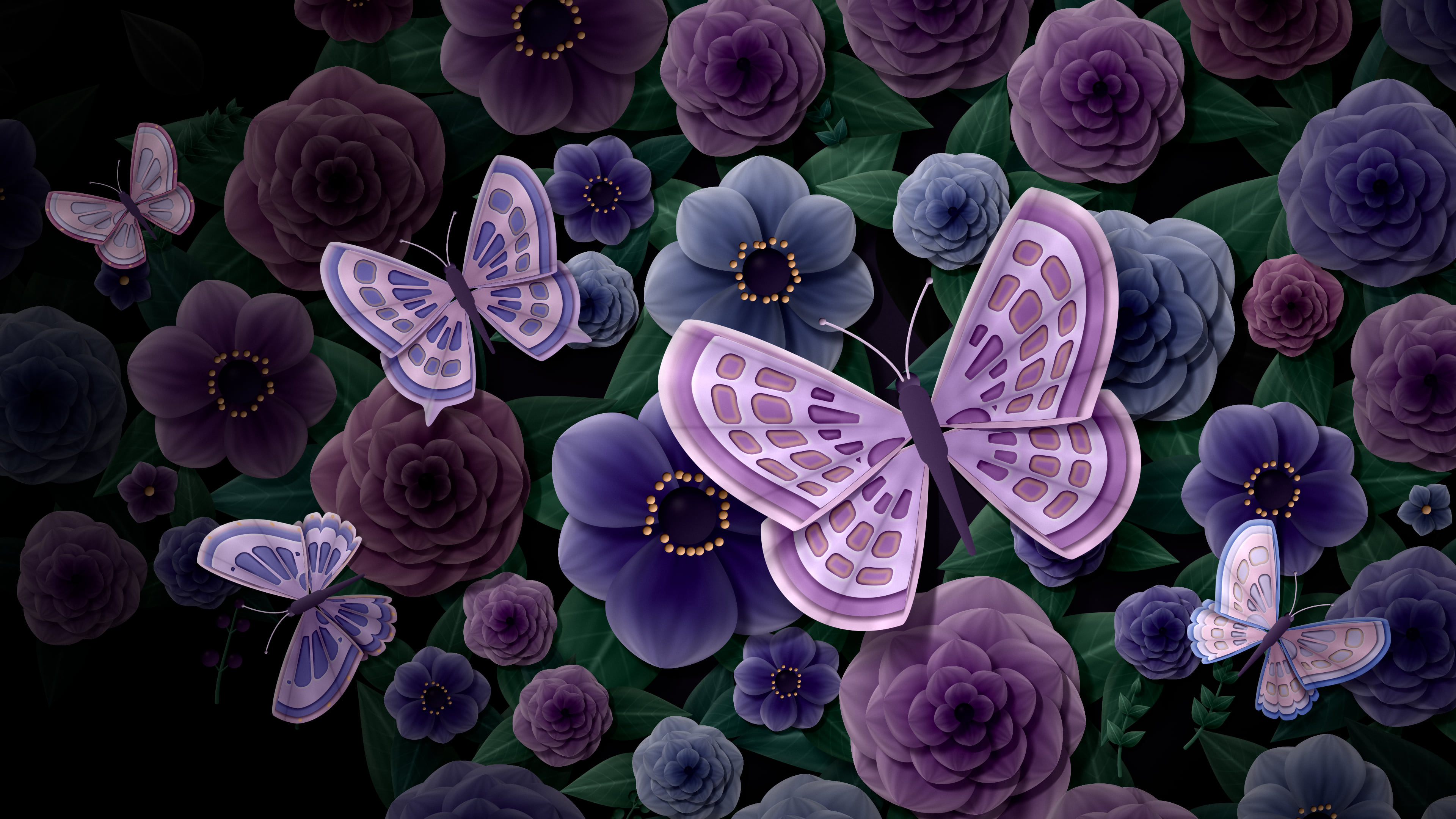 Black Paper Butterflies and Flowers desktop wallpaper in 4K