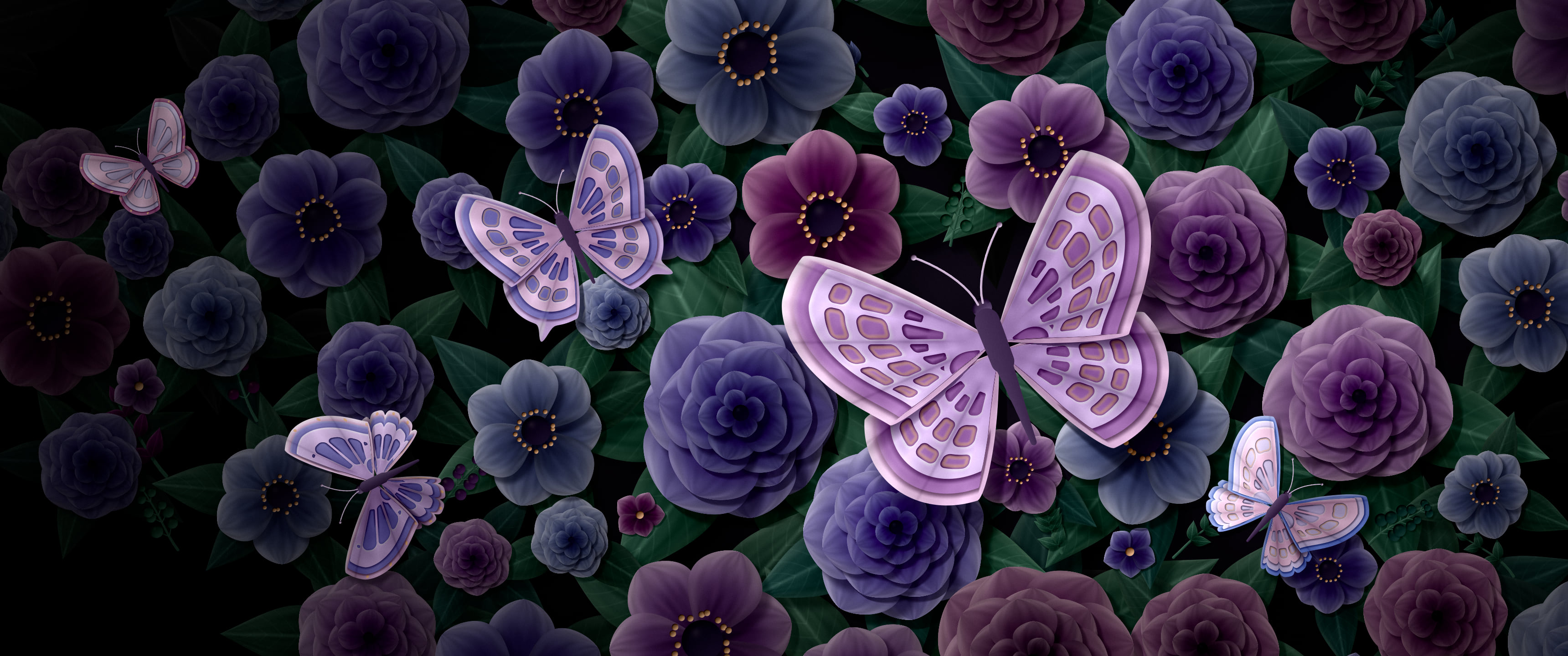 Black Paper Butterflies and Flowers ultrawide wallpaper, 3440 × 1440