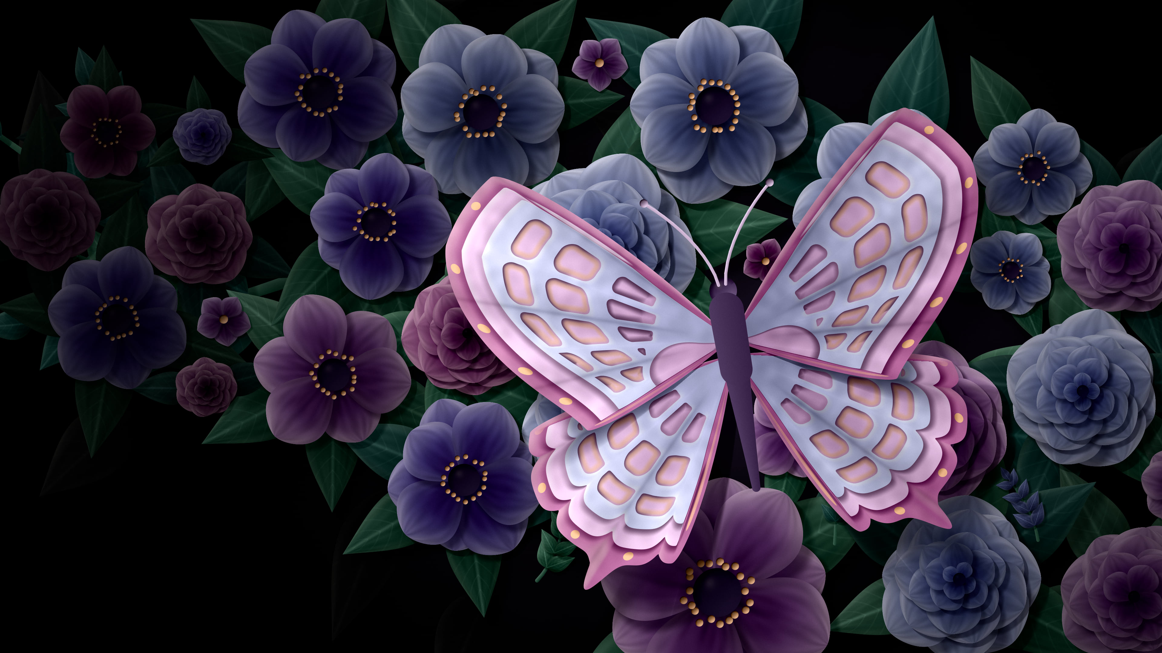 Black Paper Butterfly on Flowers desktop wallpaper in 4K