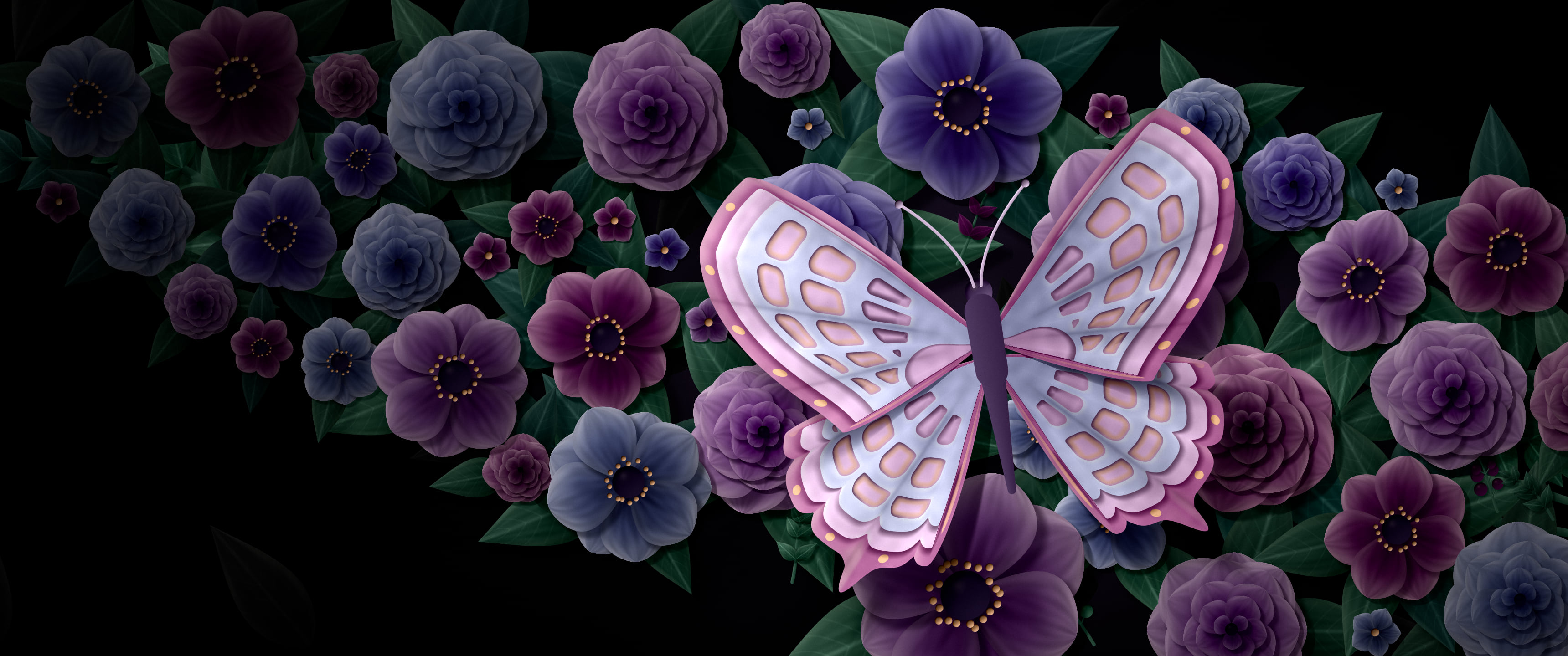 Black Paper Butterfly on Flowers ultrawide wallpaper, 3440 × 1440