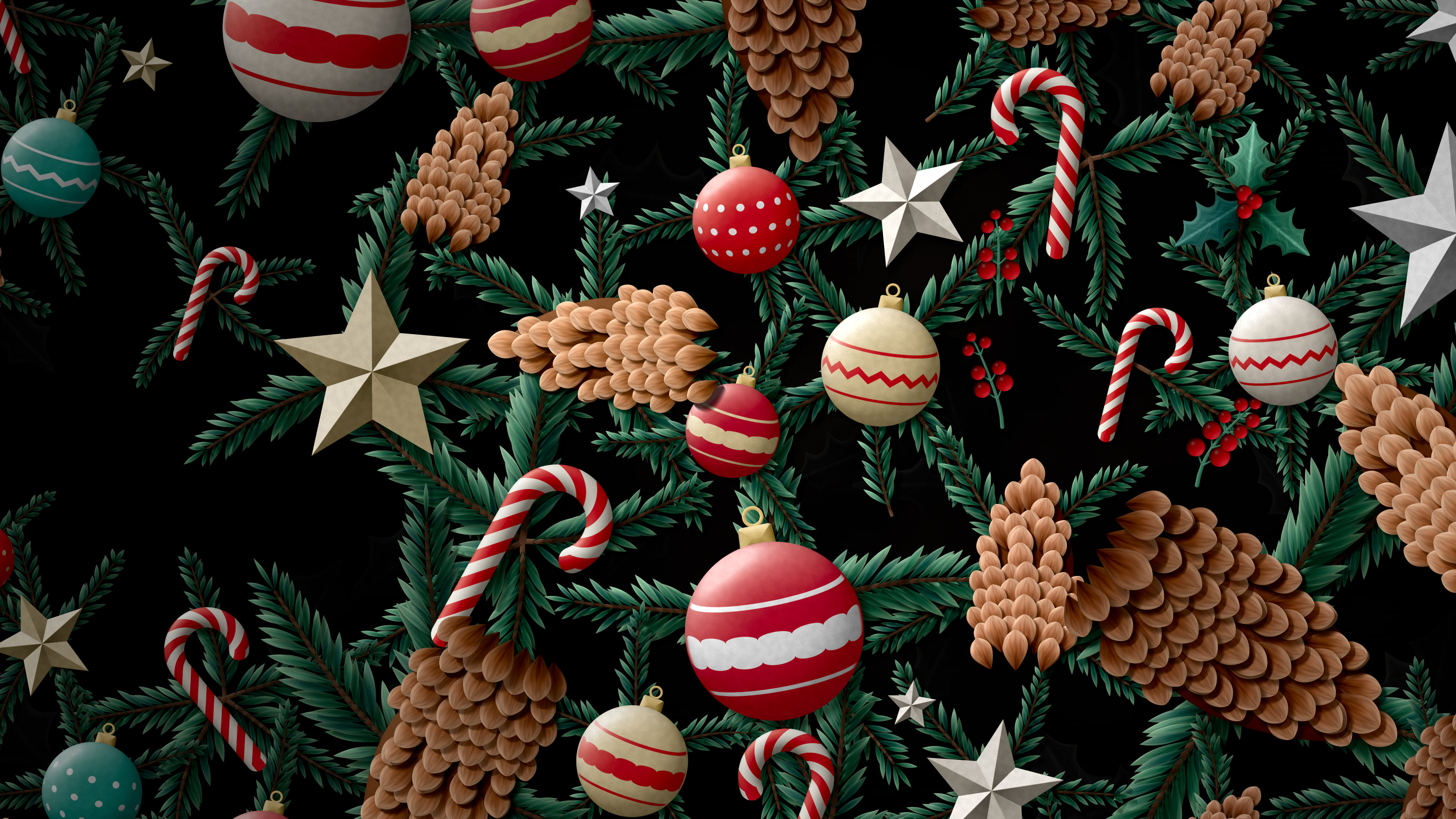 Black Paper Christmas Ornament and Pine Cone Pattern desktop wallpaper in 4K