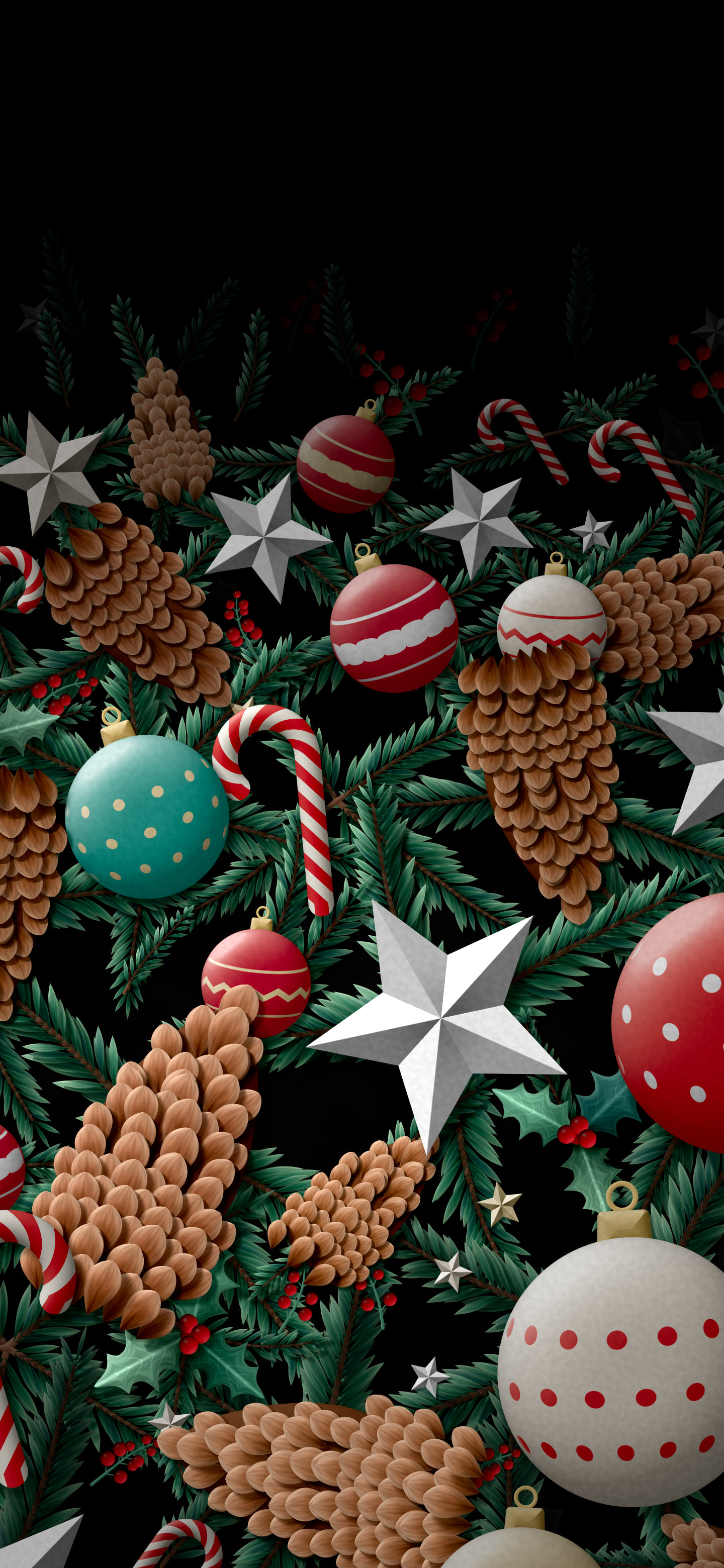 Black Paper Christmas Ornament and Pine Cone Pattern wallpaper for iPhone and Android