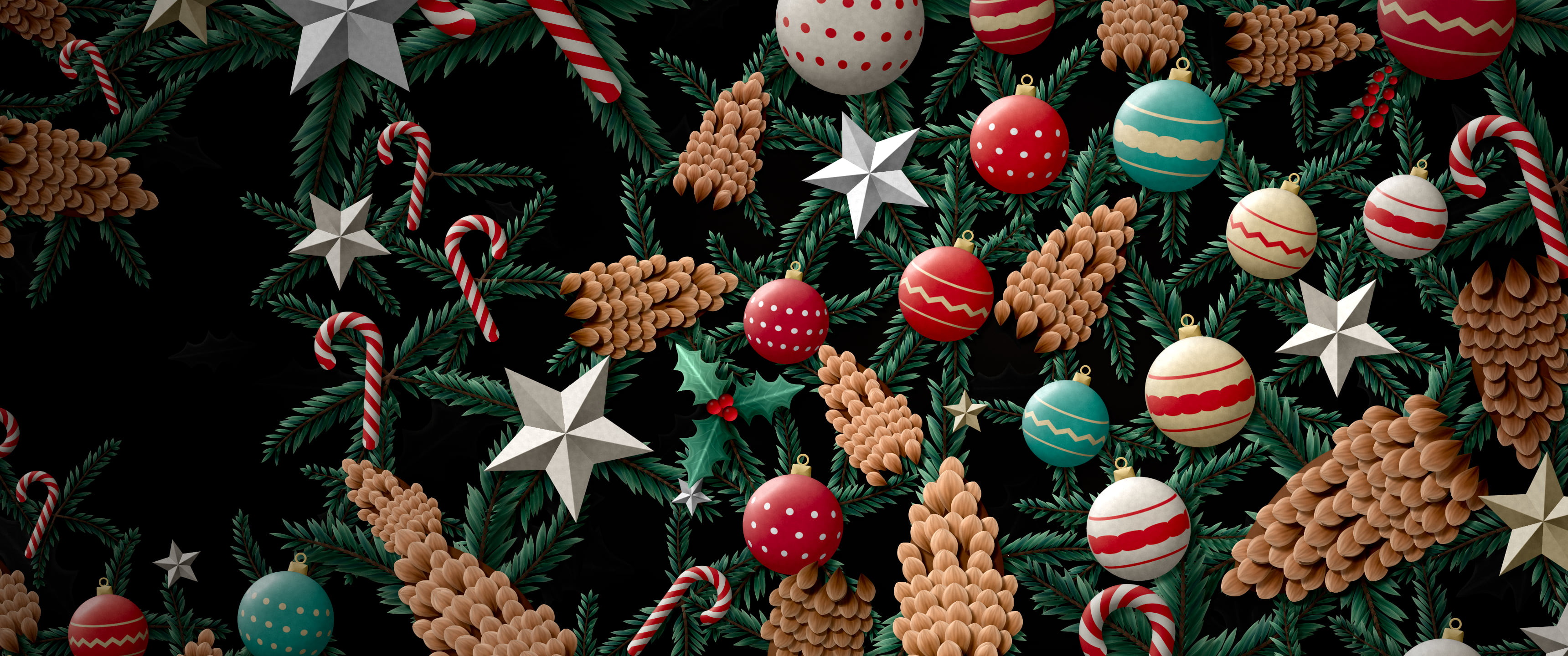 Black Paper Christmas Ornament and Pine Cone Pattern ultrawide wallpaper, 3440 × 1440