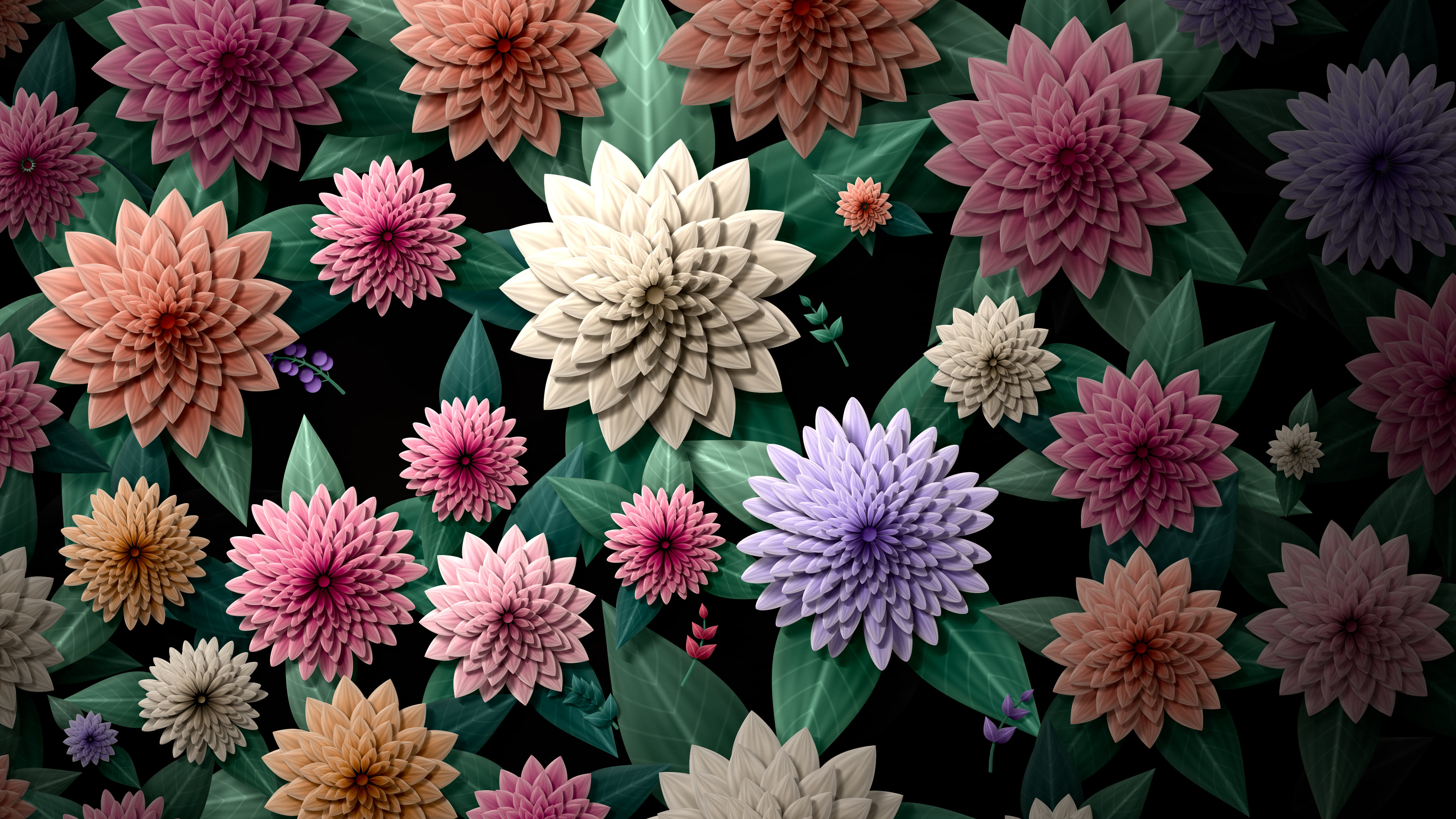 Black Paper Dahlia Pattern desktop wallpaper in 4K