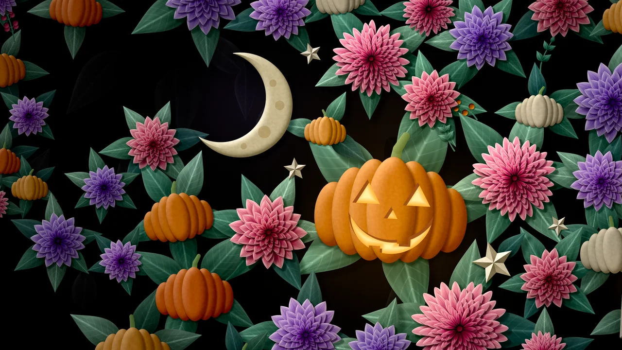 Black Paper Halloween Pumpkin and Moon Pattern desktop wallpaper in 4K