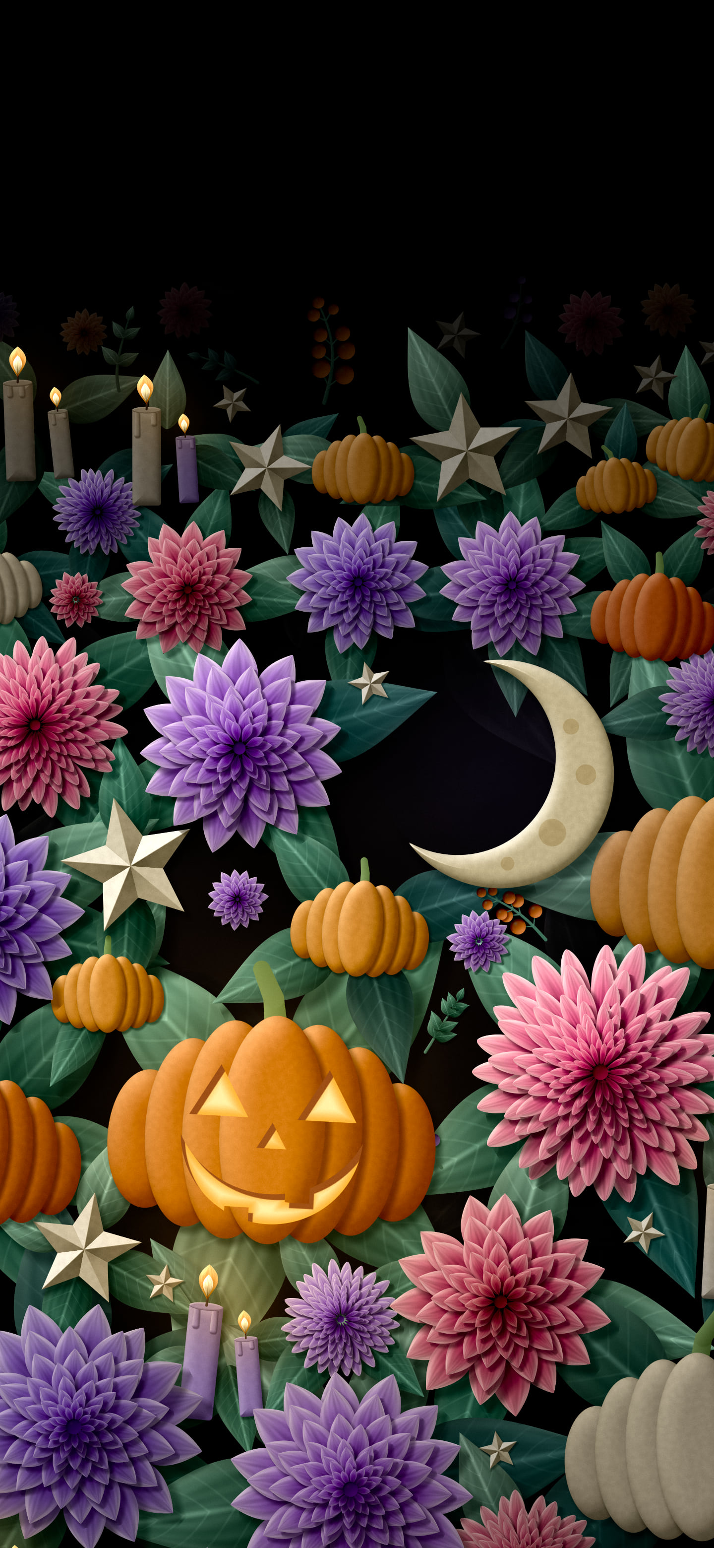 Black Paper Halloween Pumpkin and Moon Pattern wallpaper for iPhone and Android