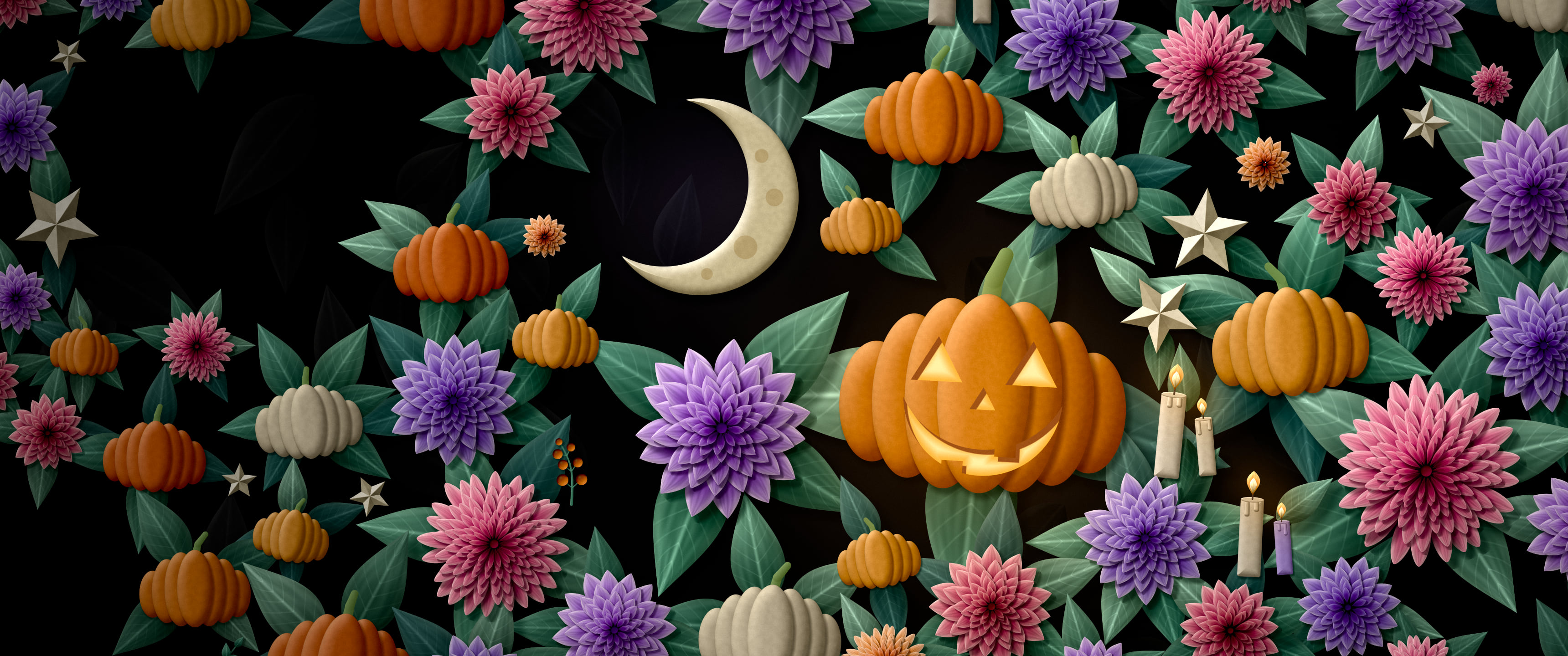 Black Paper Halloween Pumpkin and Moon Pattern ultrawide wallpaper, 3440 × 1440