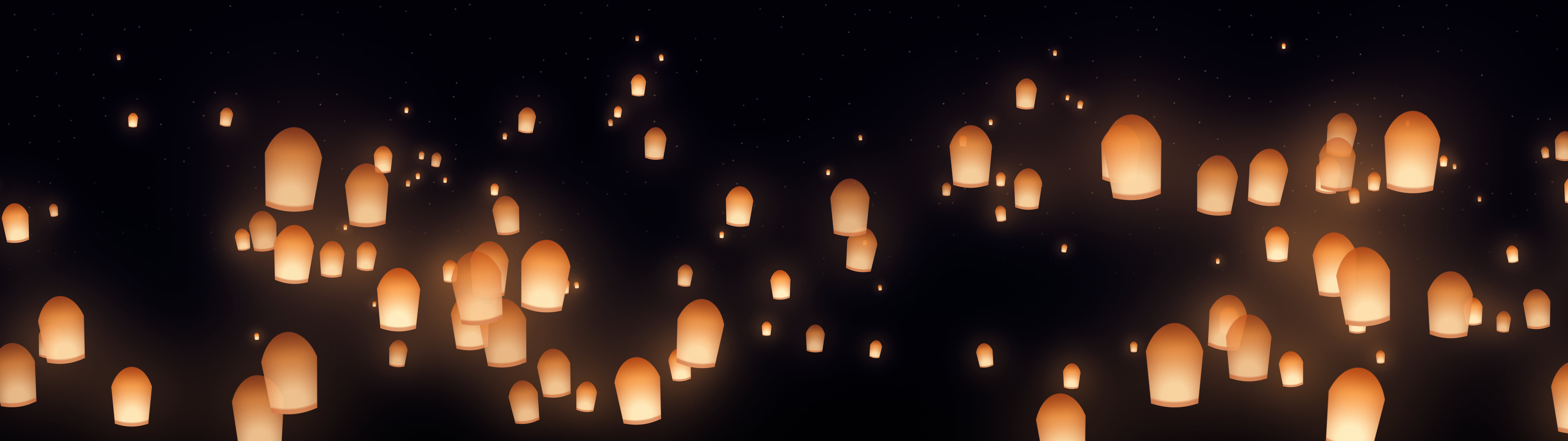 Black Paper Lanterns dual monitor wallpaper, 7680 × 2160