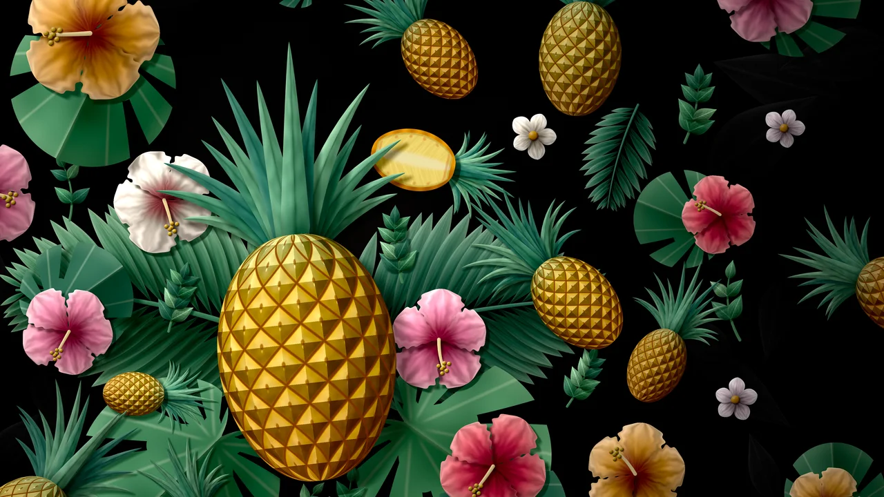Black Paper Pineapples and Hibiscus desktop wallpaper in 4K