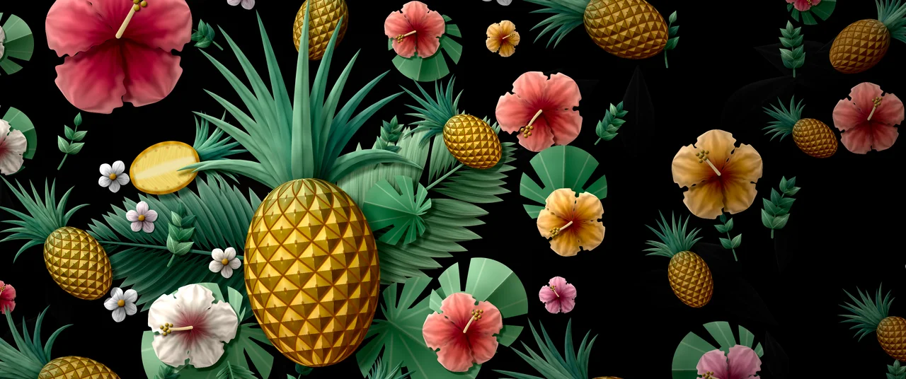 Black Paper Pineapples and Hibiscus ultrawide wallpaper, 3440 × 1440