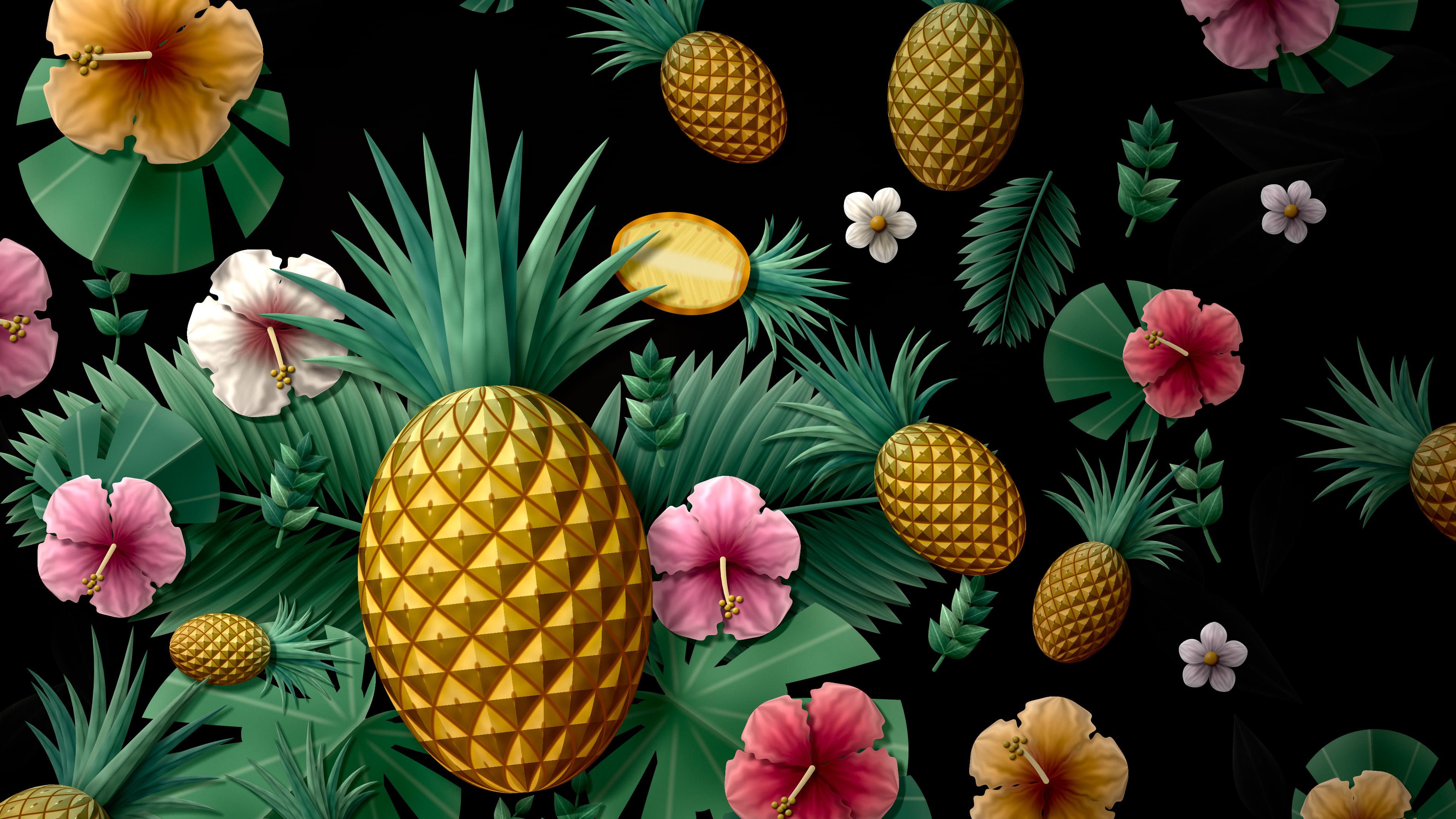 Black Paper Pineapples and Hibiscus desktop wallpaper in 4K