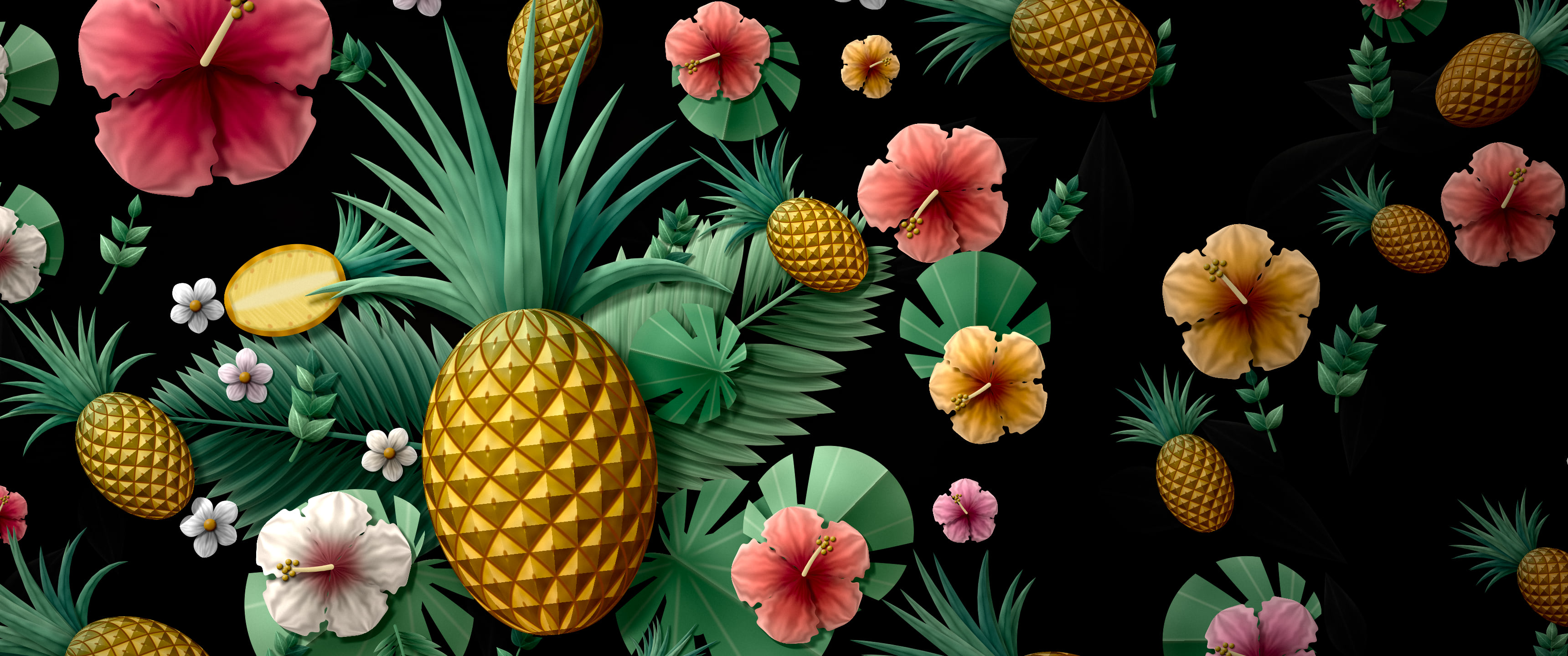 Black Paper Pineapples and Hibiscus ultrawide wallpaper, 3440 × 1440